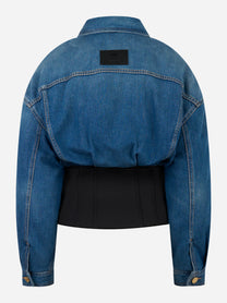 Bomber Elisabetta Franchi in denim con retro elasticizzato in neoprene nero e patch logo