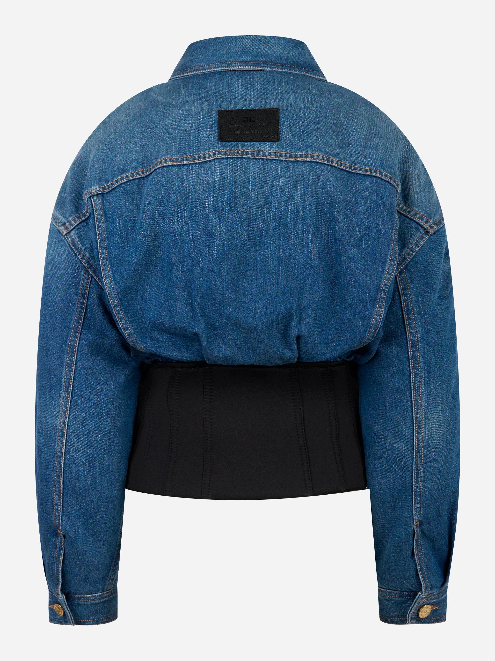 Bomber Elisabetta Franchi in denim con retro elasticizzato in neoprene nero e patch logo
