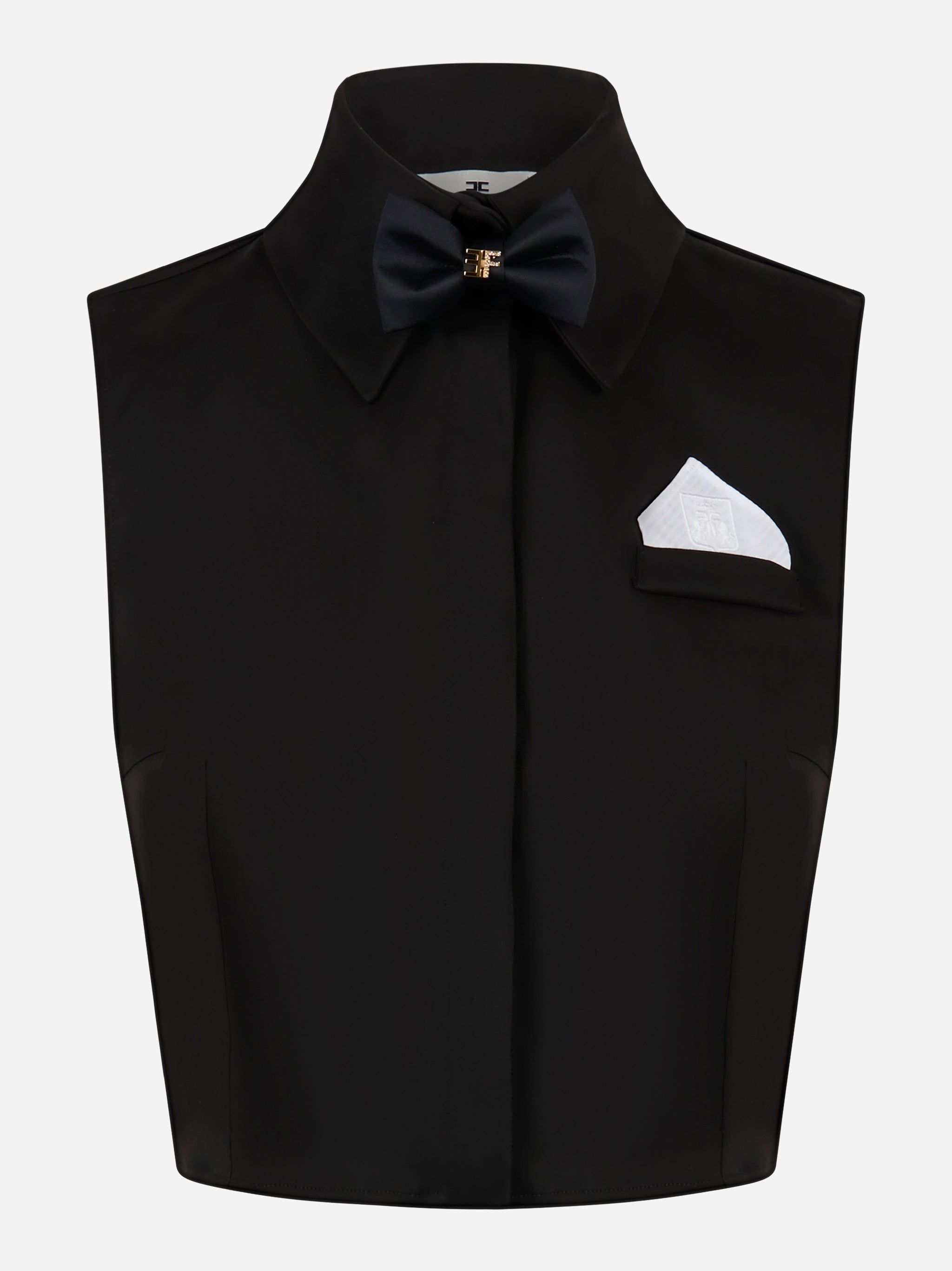 Camicia cropped Elisabetta Franchi in raso nero con papillon – fronteCamicia cropped Elisabetta Franchi in raso nero con papillon – fronte