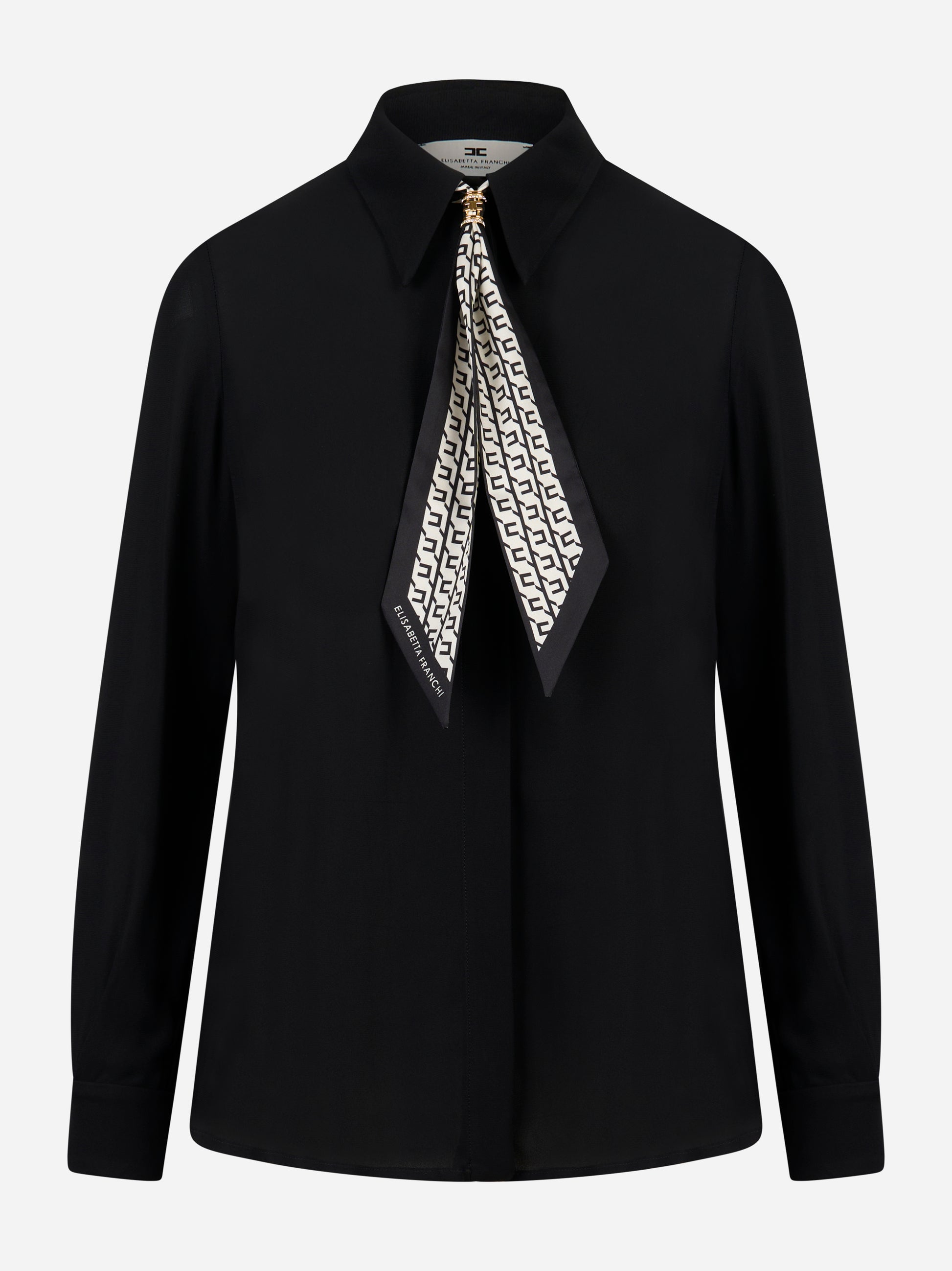 elisabetta-franchi-camicia georgette nera con foulard stampato vista frontale