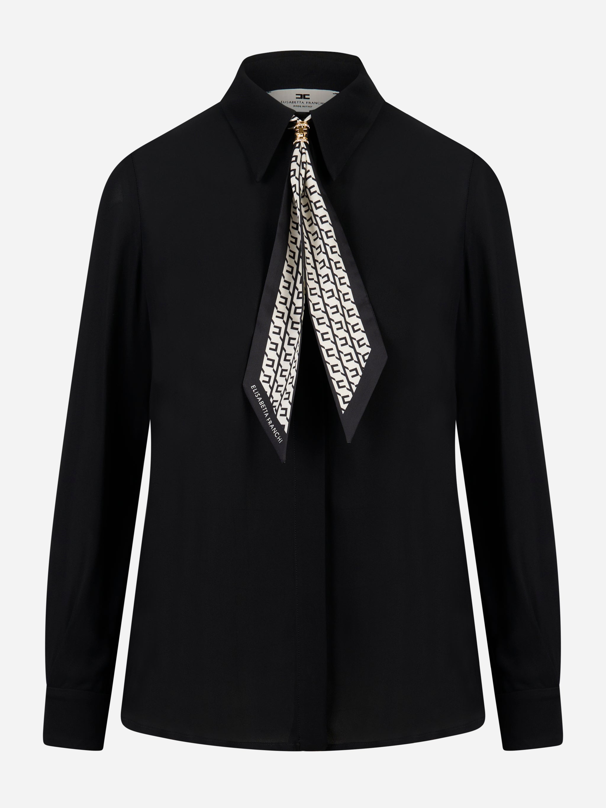 elisabetta-franchi-camicia georgette nera con foulard stampato vista frontale