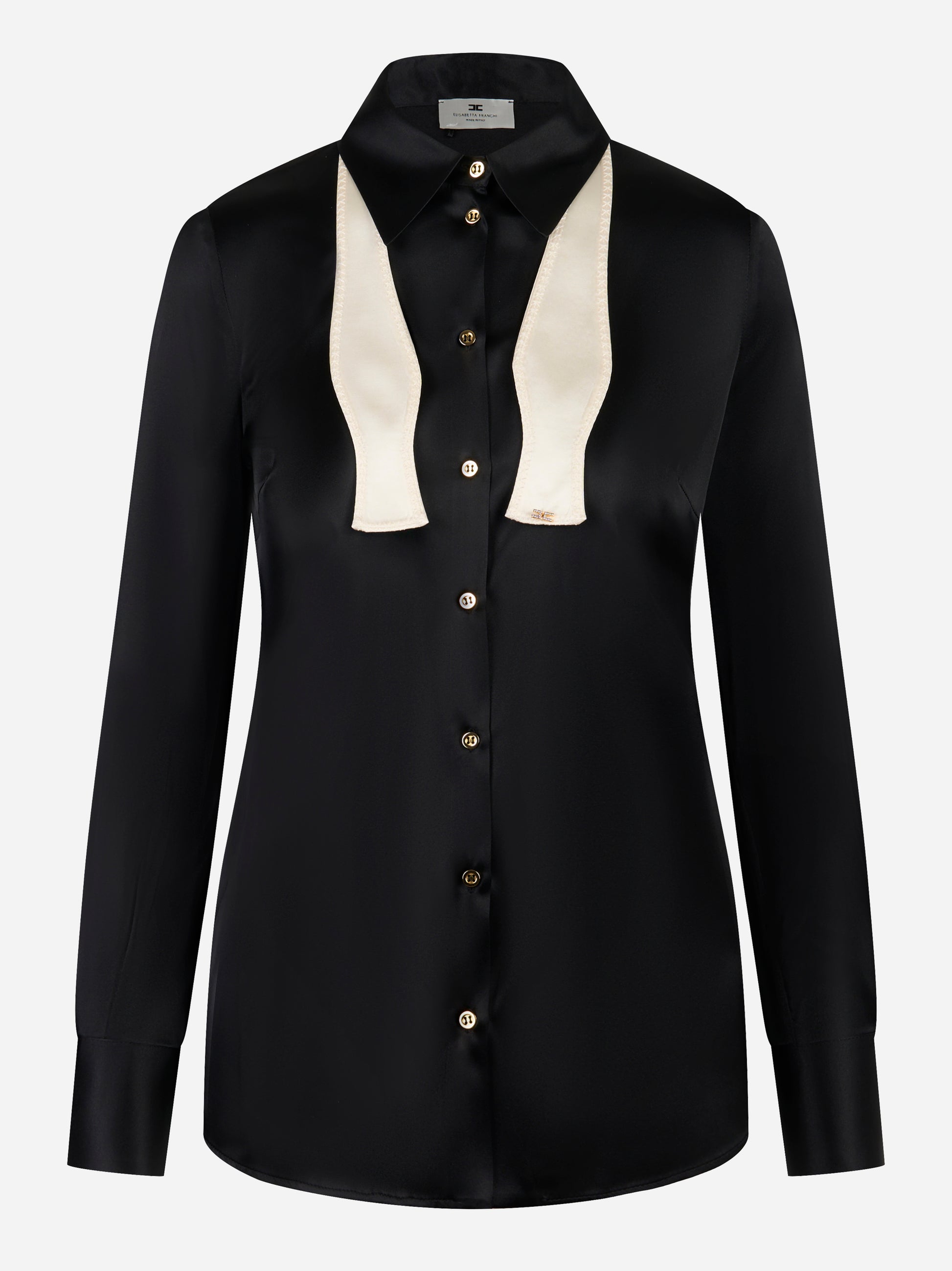 Camicia Elisabetta Franchi in raso di seta nera con papillon bianco vista frontale