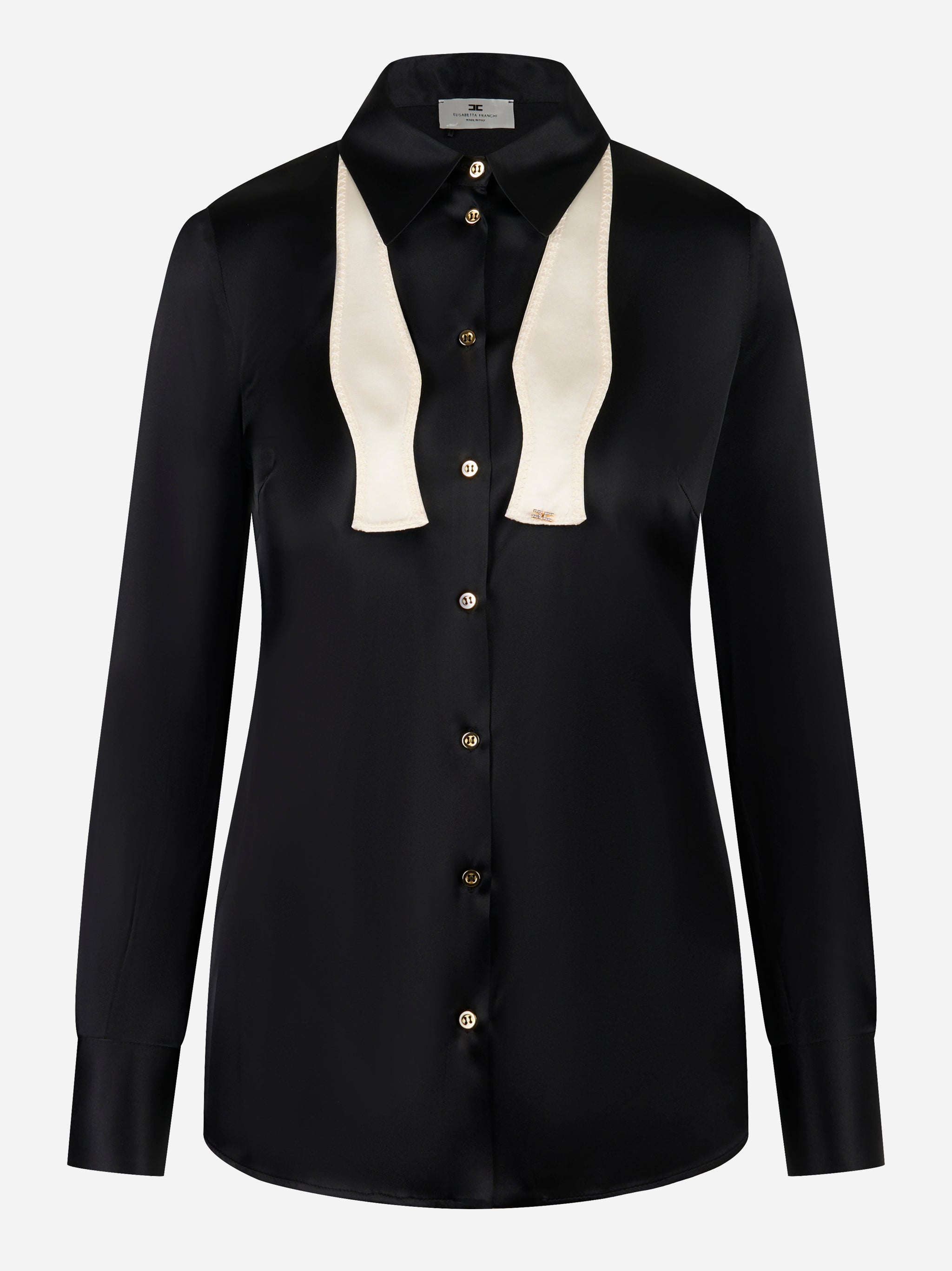 Camicia Elisabetta Franchi in raso di seta nera con papillon bianco vista frontale