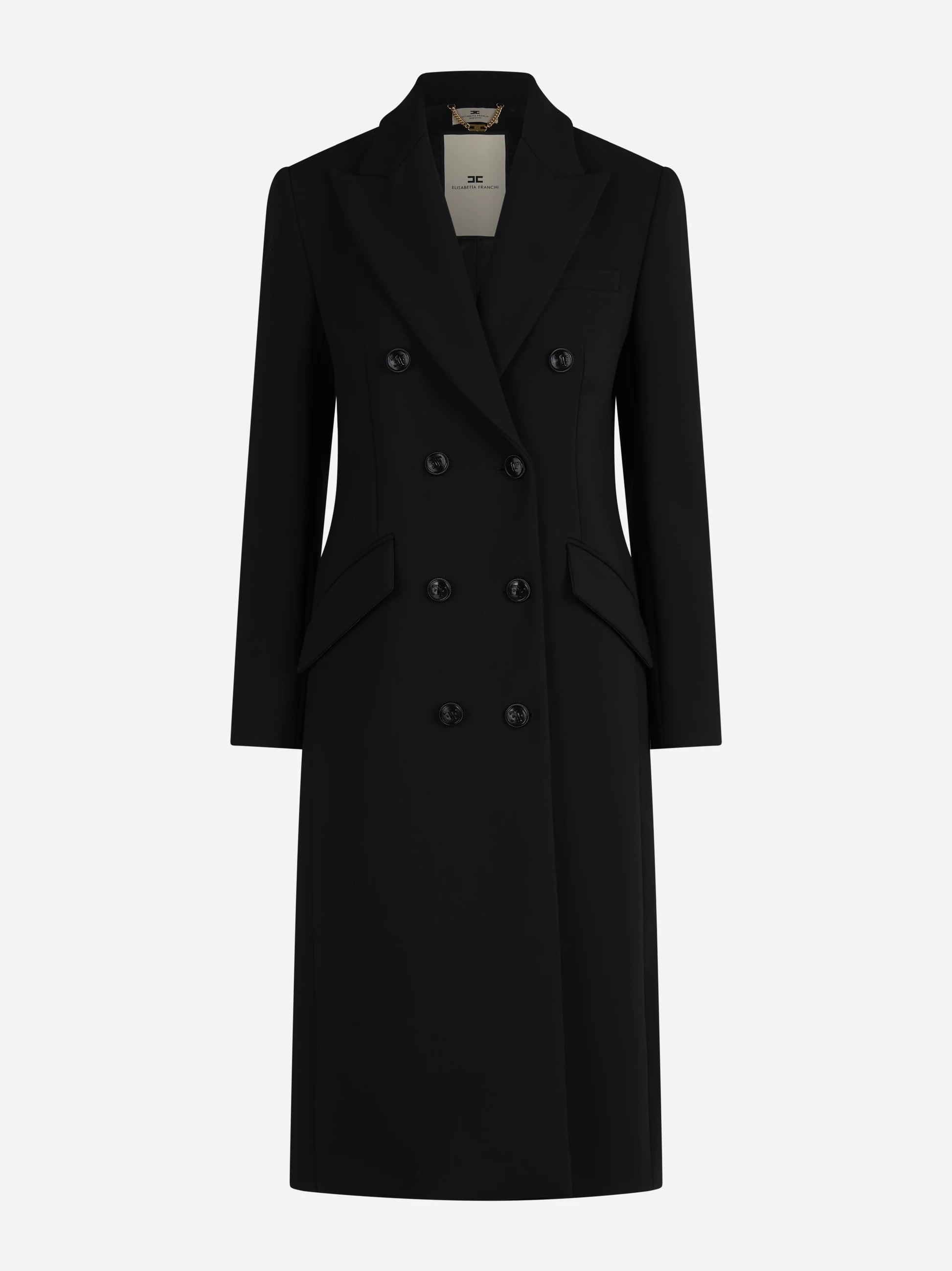 Cappotto lungo doppiopetto in doppio crêpe nero - vista frontale