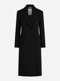 Cappotto lungo doppiopetto in doppio crêpe nero - vista frontale