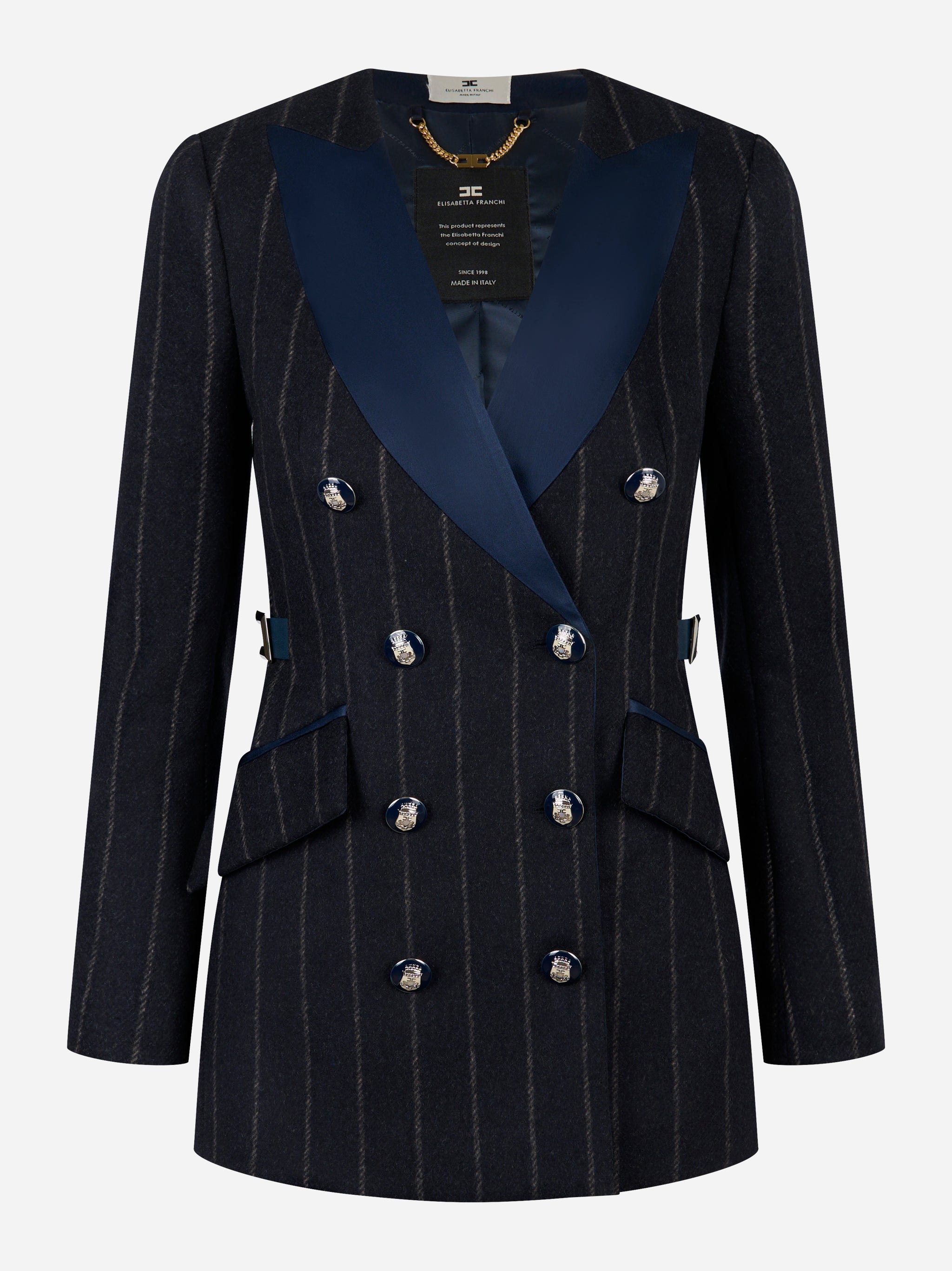 Cappotto doppiopetto ELISABETTA FRANCHI in panno di lana gessato blu notte - vista frontale