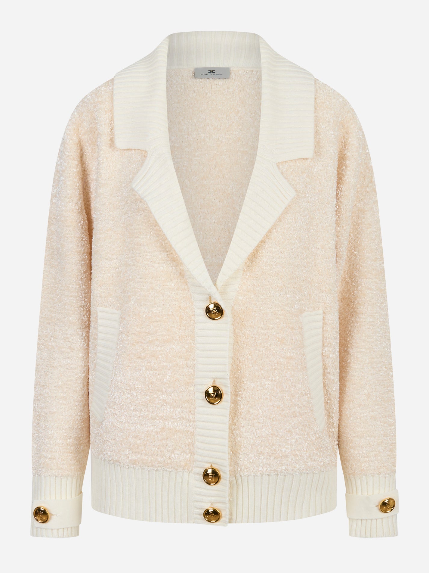 Cardigan in ciniglia bouclé color panna con bottoni gioiello Elisabetta Franchi - fronte