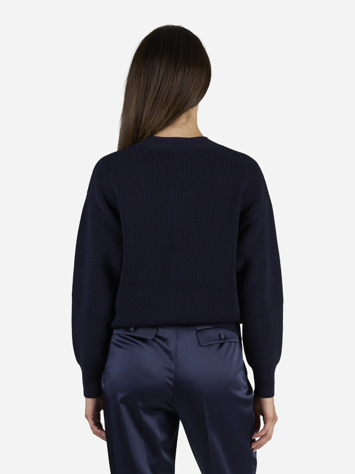 Cardigan con bottoni gioiello blu - indossato, vista posteriore
