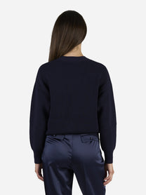 Cardigan con bottoni gioiello blu - indossato, vista posteriore