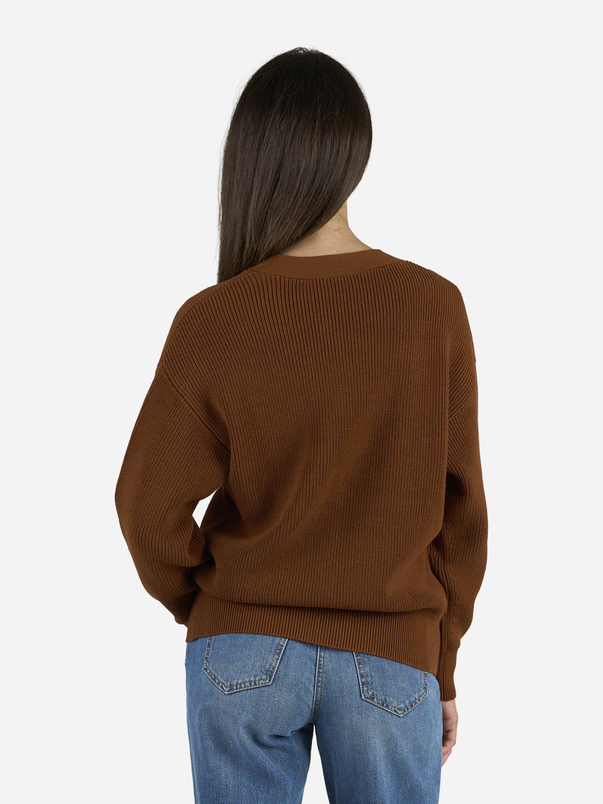 Cardigan con bottoni gioiello marrone - indossato, vista posteriore