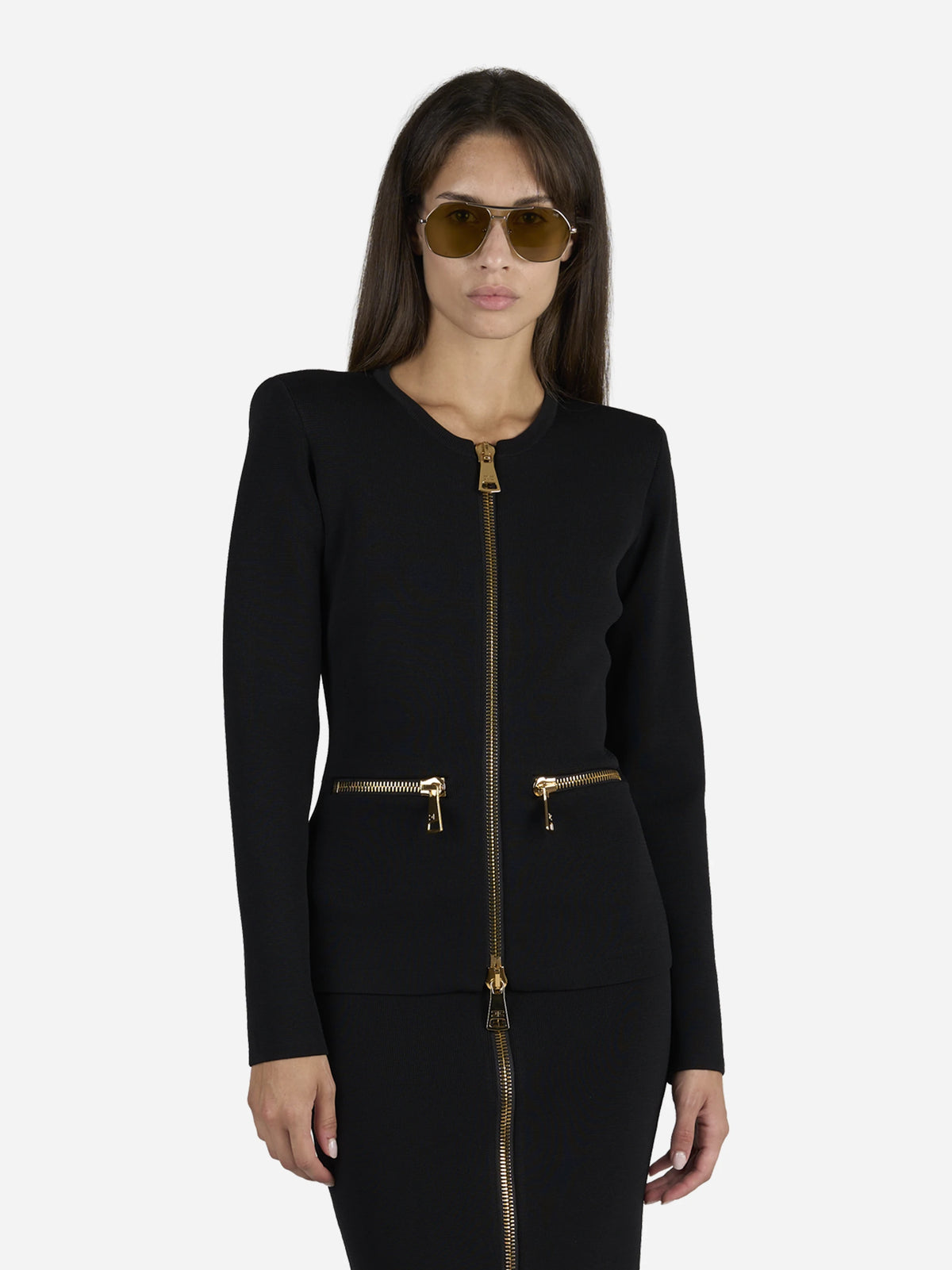 Cardigan in maglia con zip nero - indossato, vista frontale
