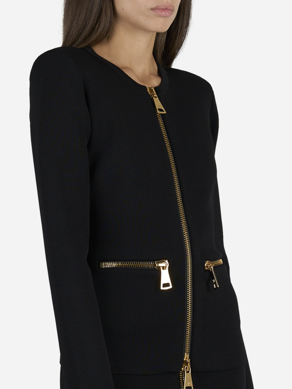 Cardigan in maglia con zip nero - dettaglio indossato
