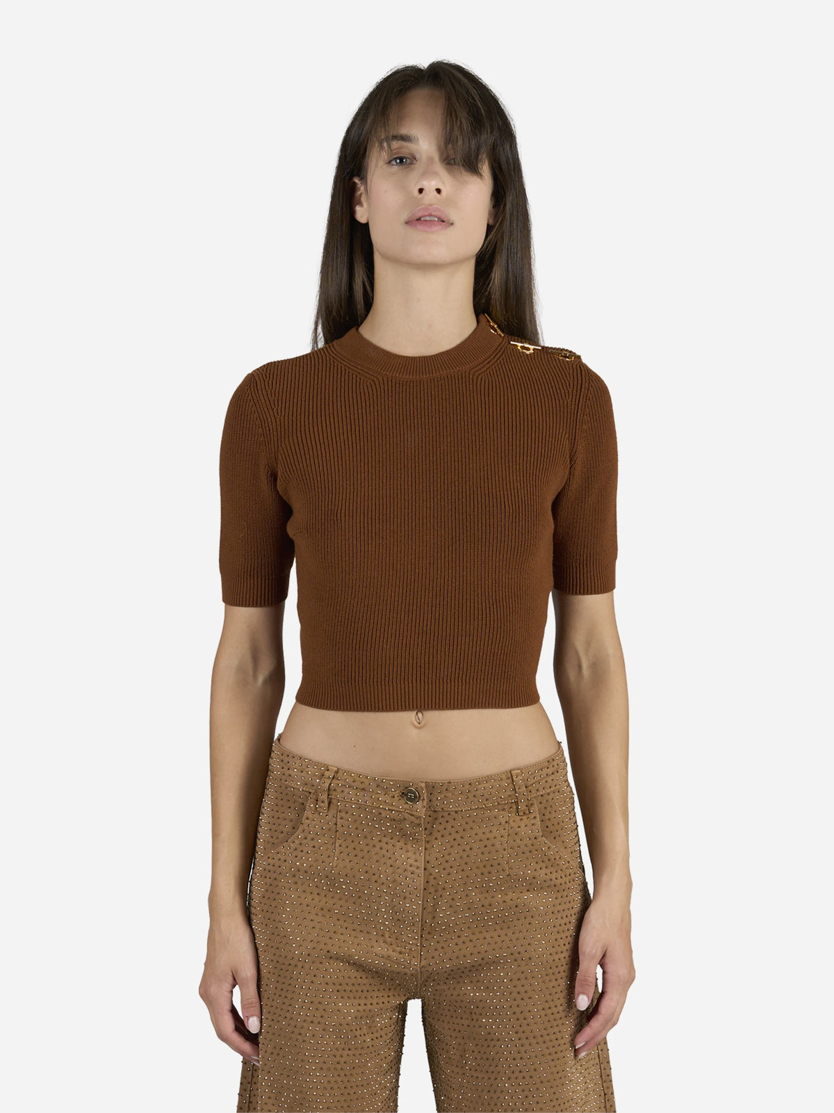 Top in maglia con dettagli gioiello marrone - indossato, vista frontale