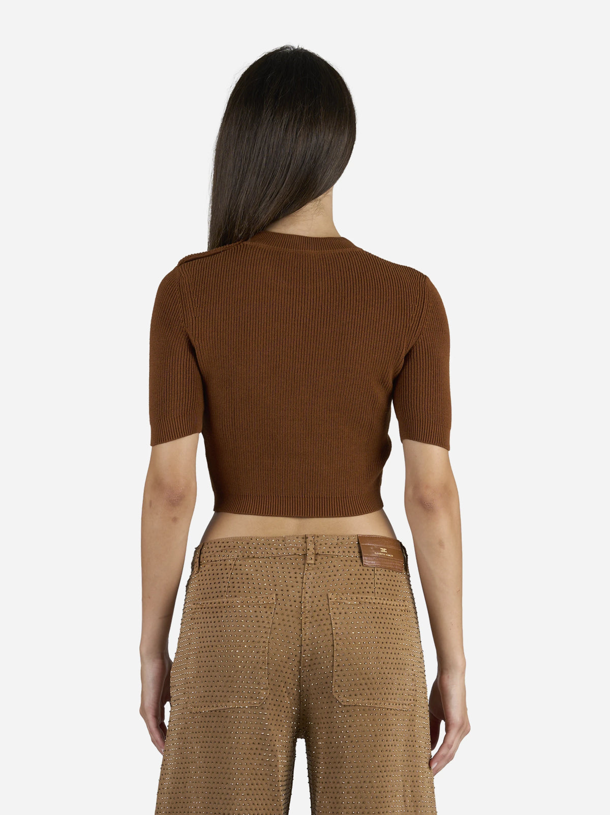 Top in maglia con dettagli gioiello marrone - indossato, vista posteriore
