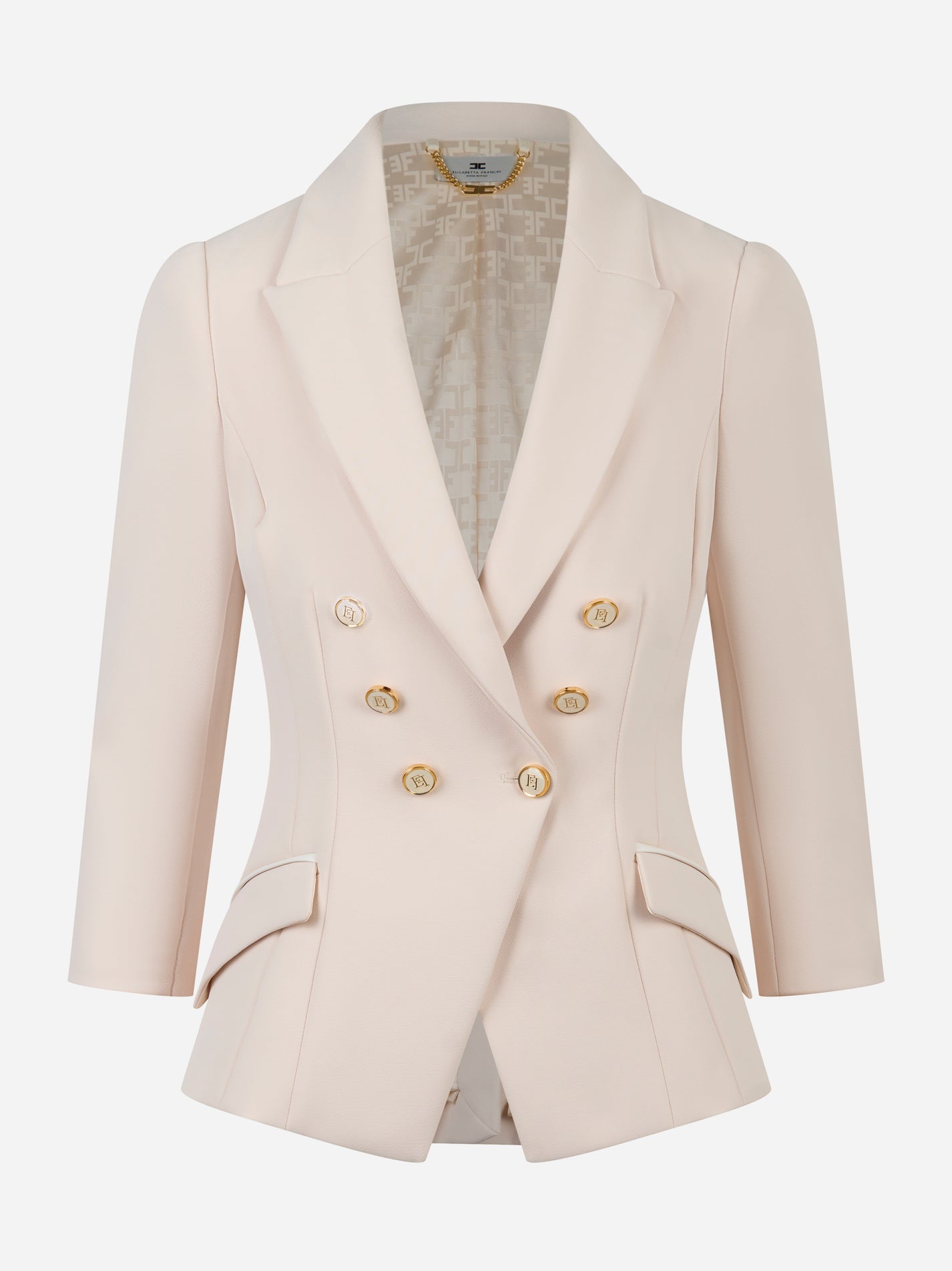 Giacca doppiopetto Elisabetta Franchi in doppio crepe color cipria con bottoni dorati, vista frontale