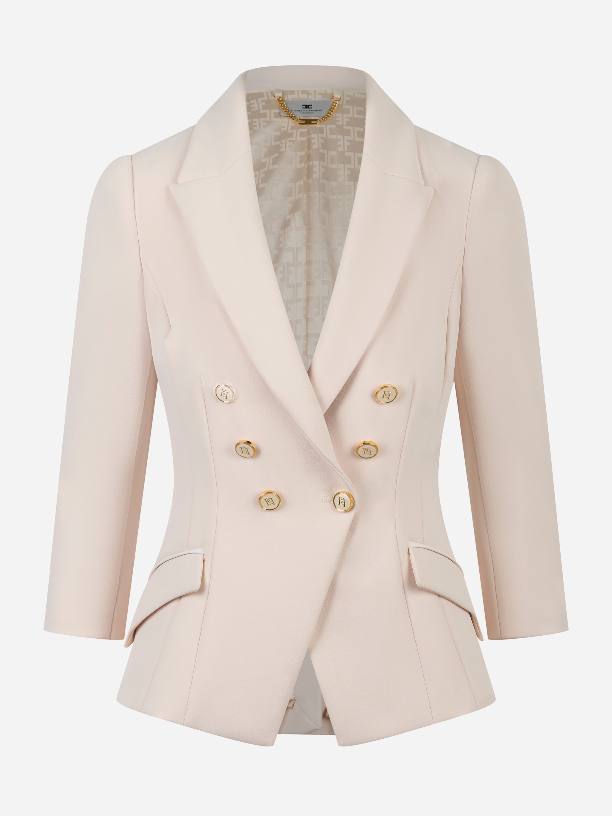 Giacca doppiopetto Elisabetta Franchi in doppio crepe color cipria con bottoni dorati, vista frontale