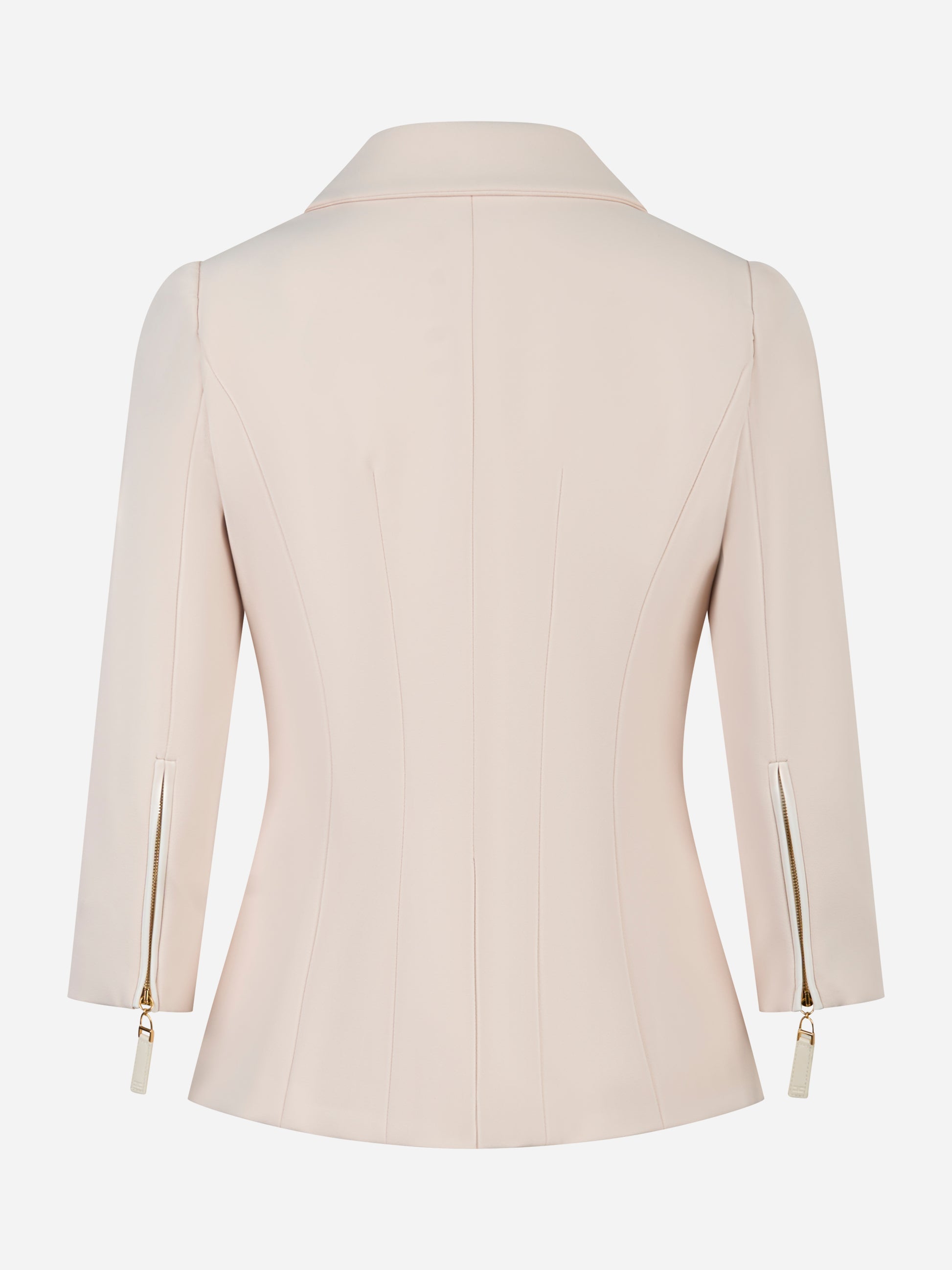 Giacca doppiopetto Elisabetta Franchi in doppio crepe color cipria con zip al fondo manica, vista posteriore