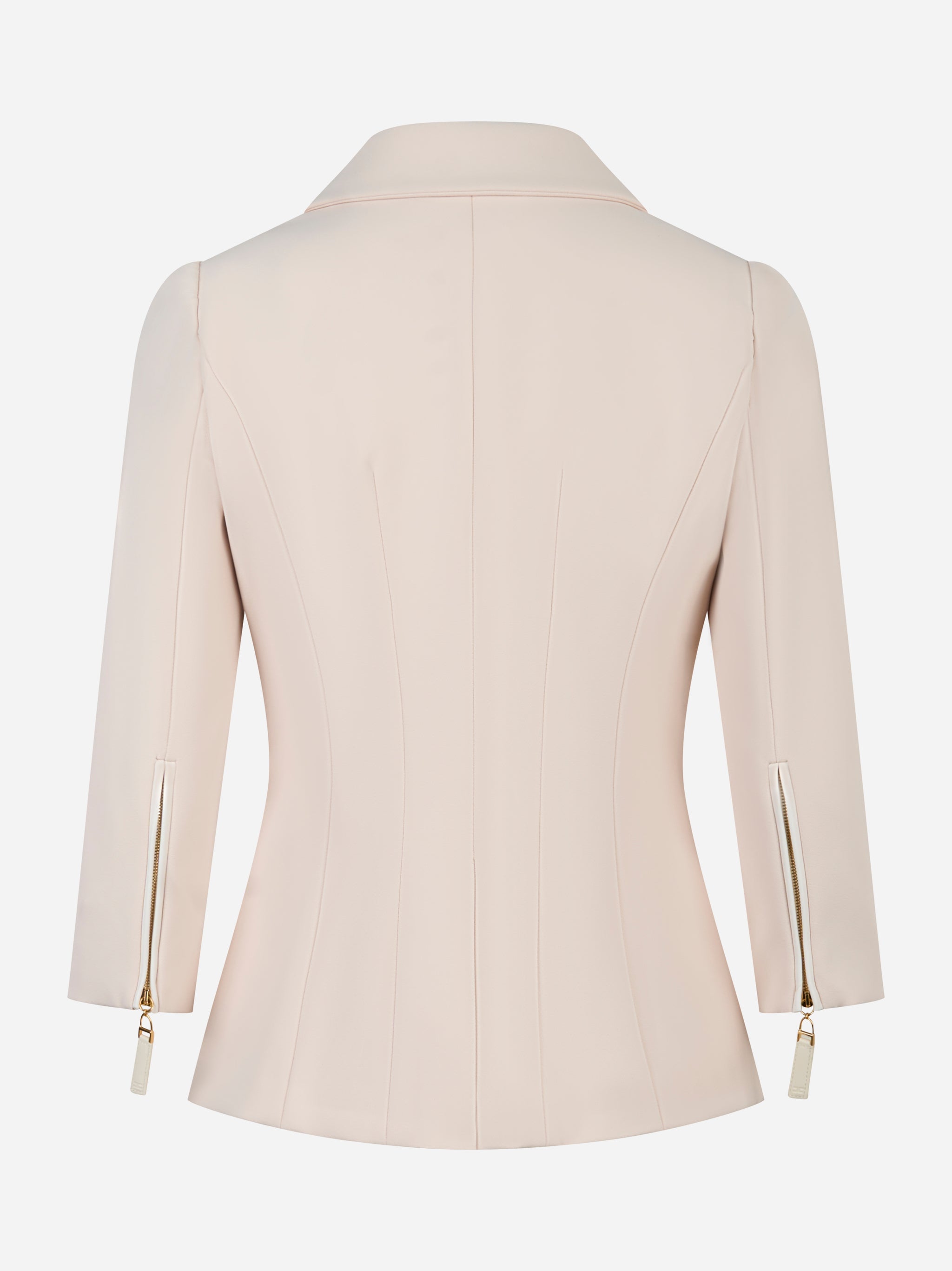 Giacca doppiopetto Elisabetta Franchi in doppio crepe color cipria con zip al fondo manica, vista posteriore
