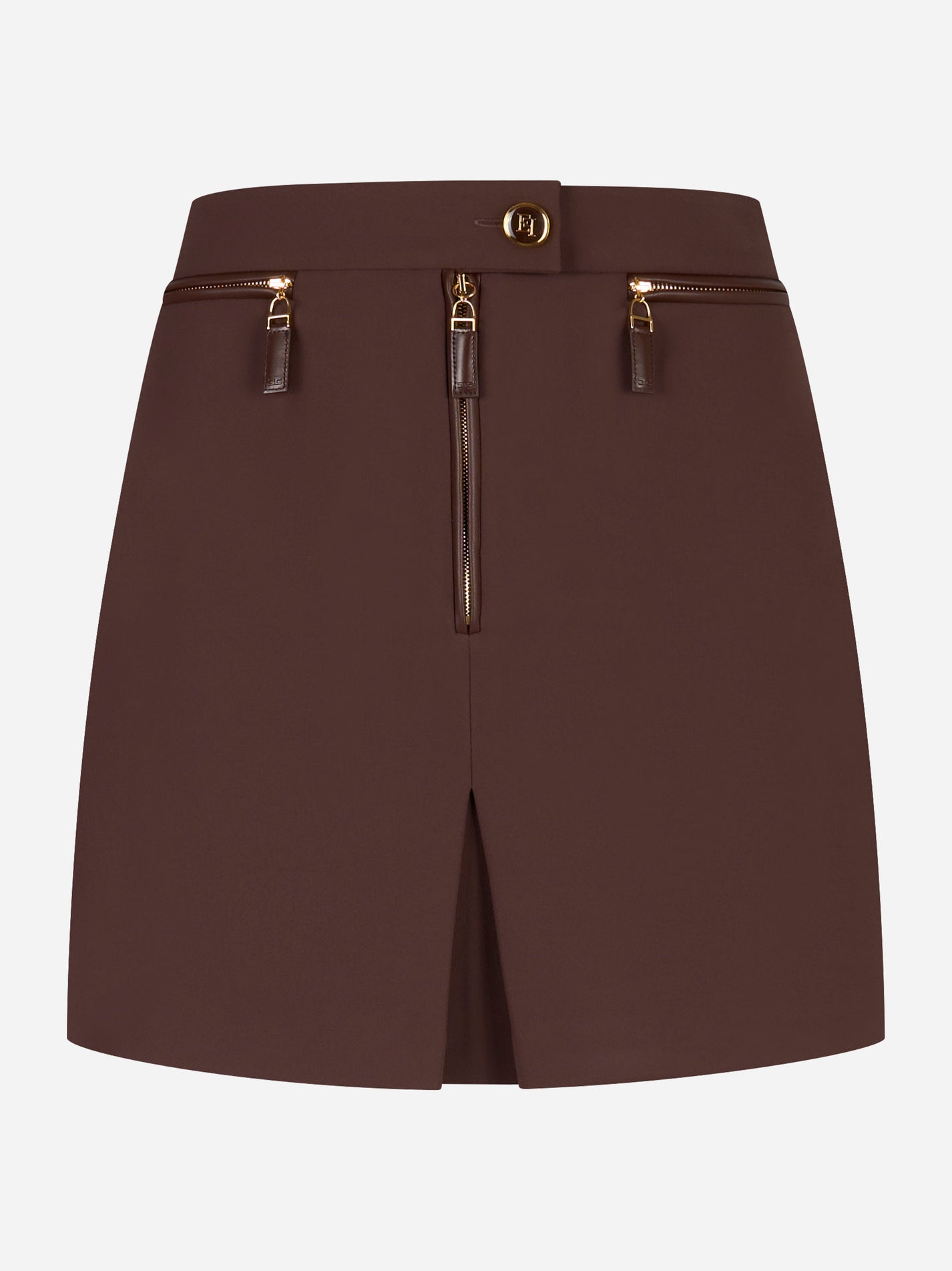 Gonna corta Elisabetta Franchi in doppio crepe marrone con zip decorative, vista frontale