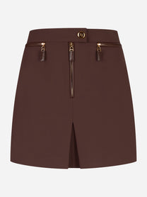 Gonna corta Elisabetta Franchi in doppio crepe marrone con zip decorative, vista frontale