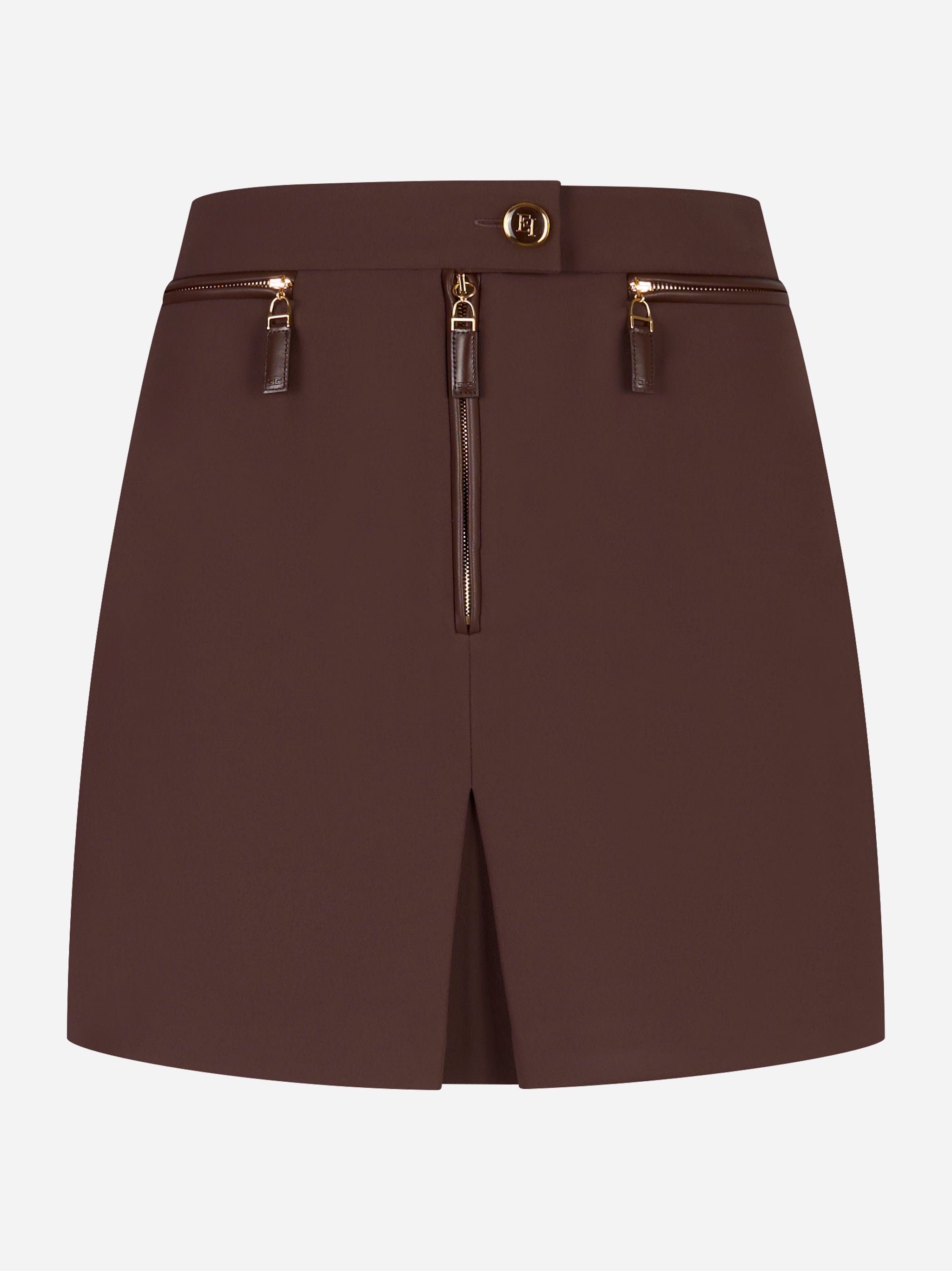Gonna corta Elisabetta Franchi in doppio crepe marrone con zip decorative, vista frontale