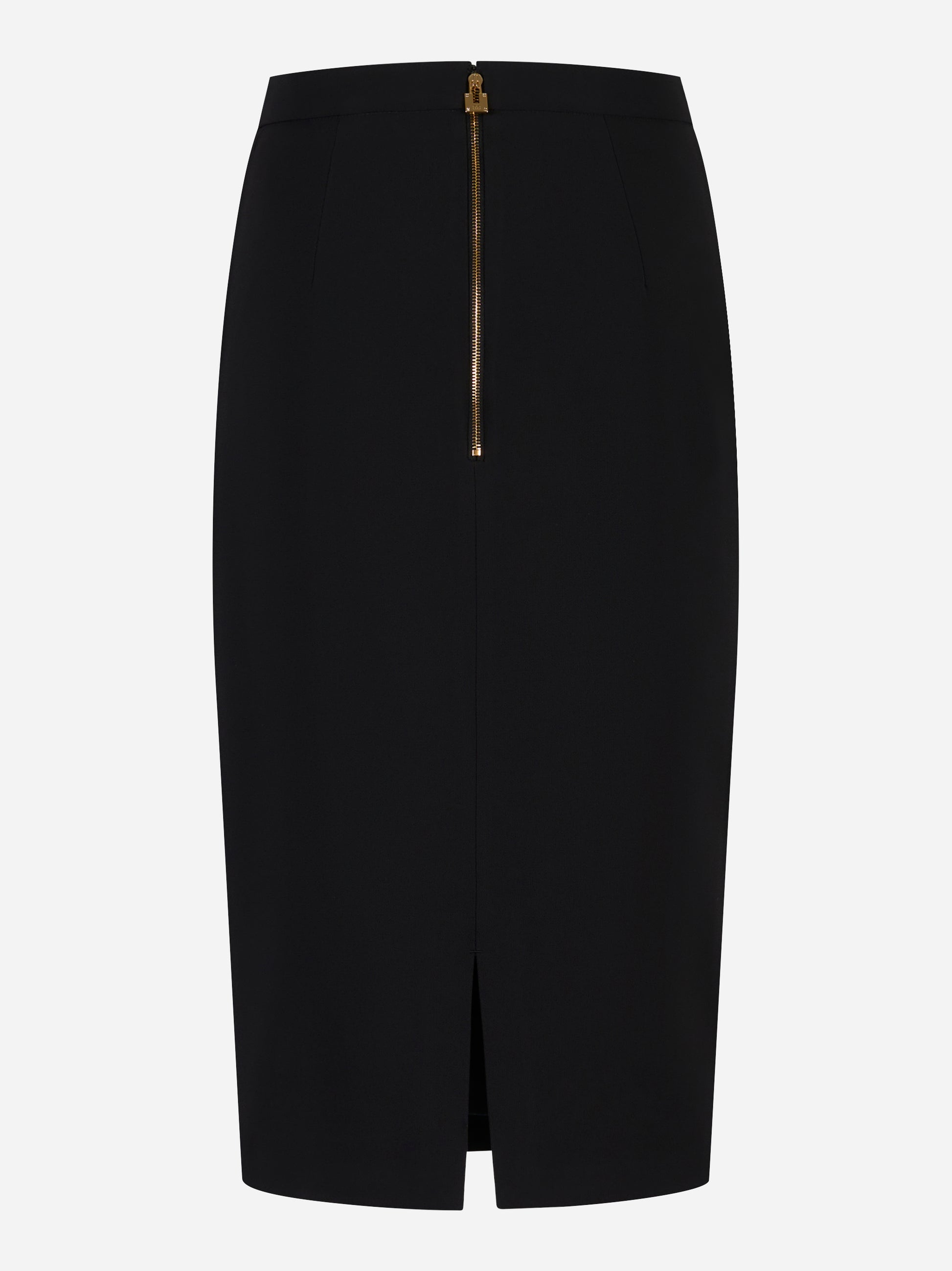 Retro della gonna tubino nera Elisabetta Franchi con zip dorata e spacco centrale