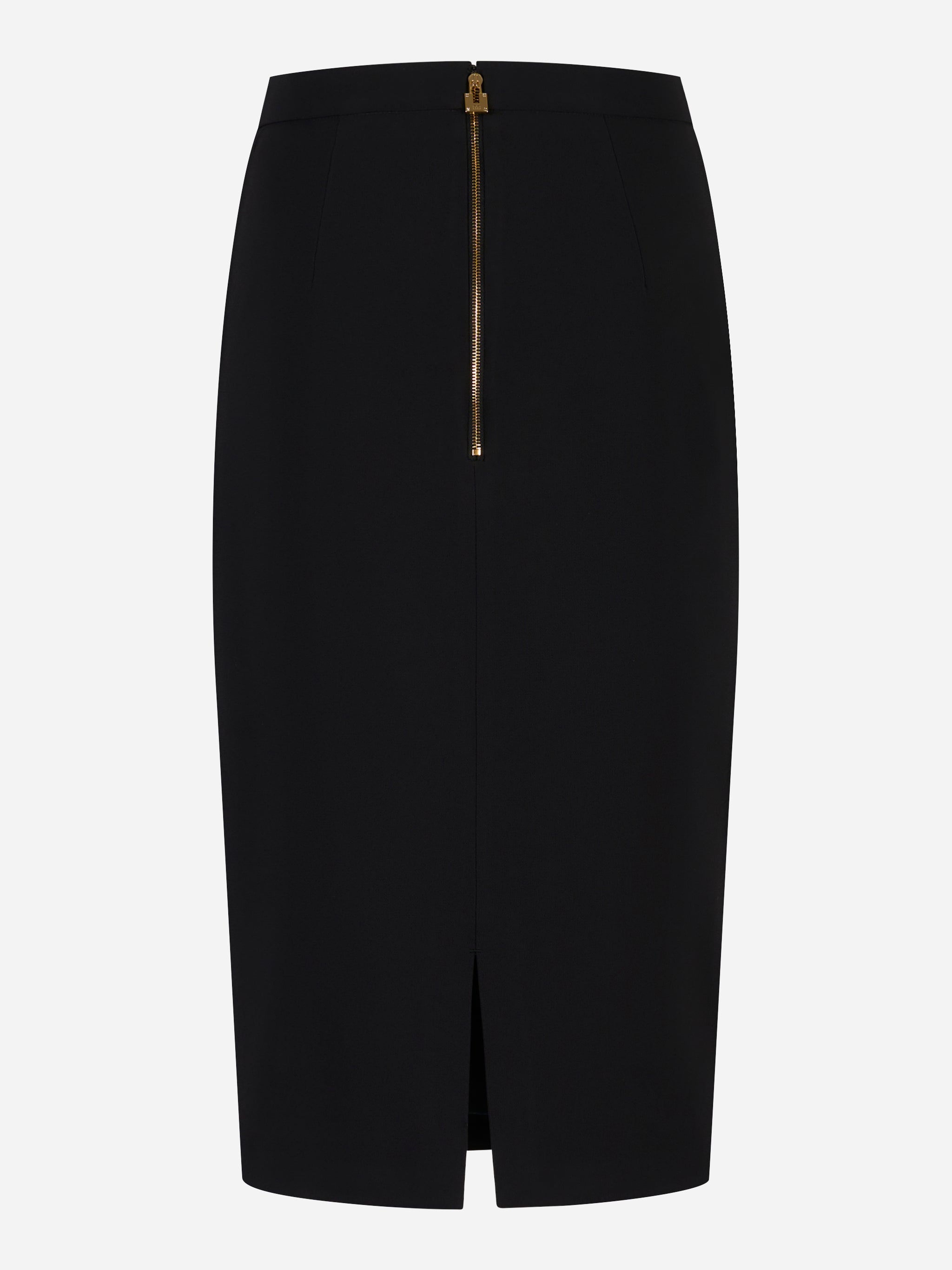 Retro della gonna tubino nera Elisabetta Franchi con zip dorata e spacco centrale