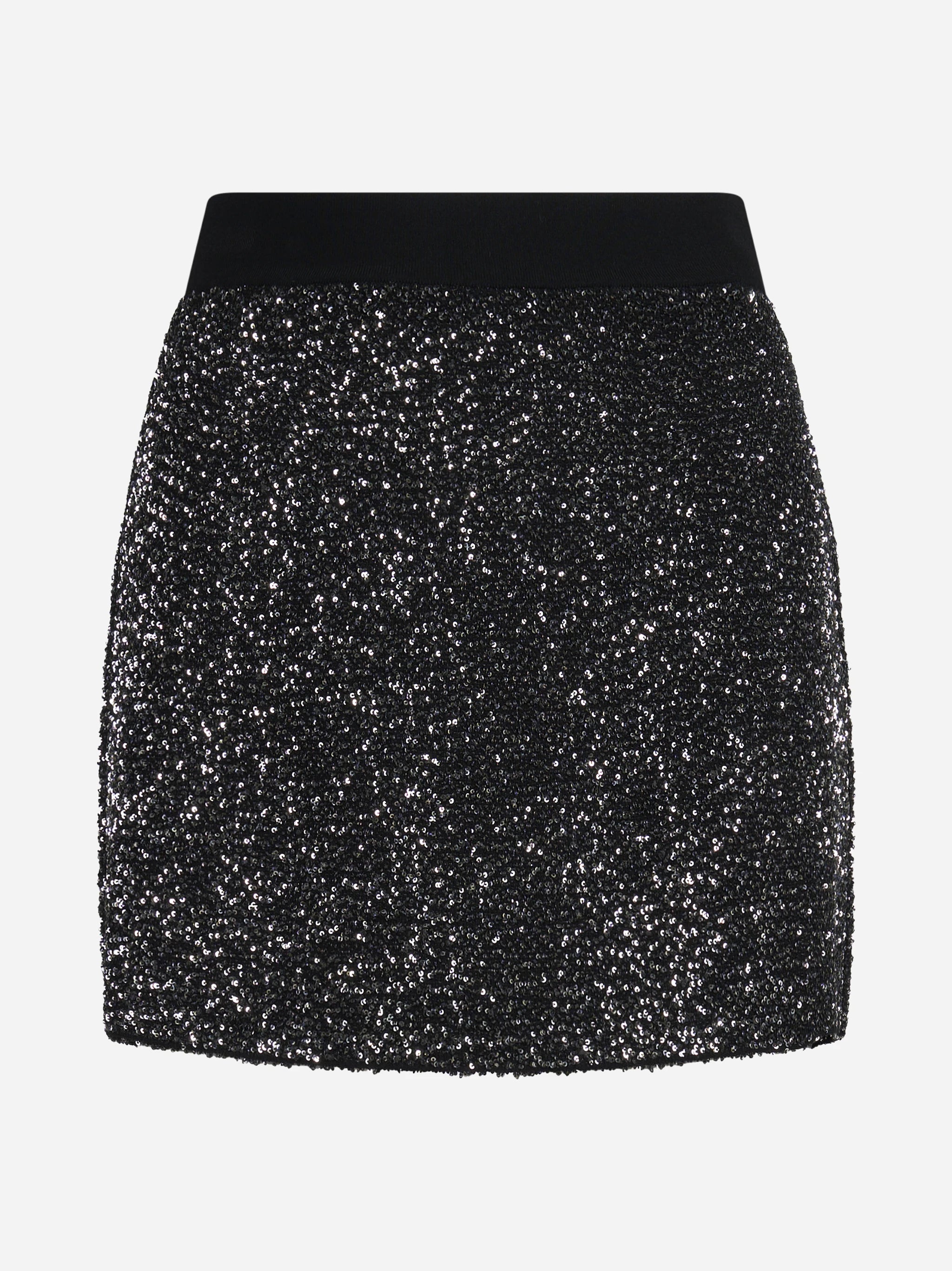 Gonna corta in maglia con paillettes nera - vista frontale