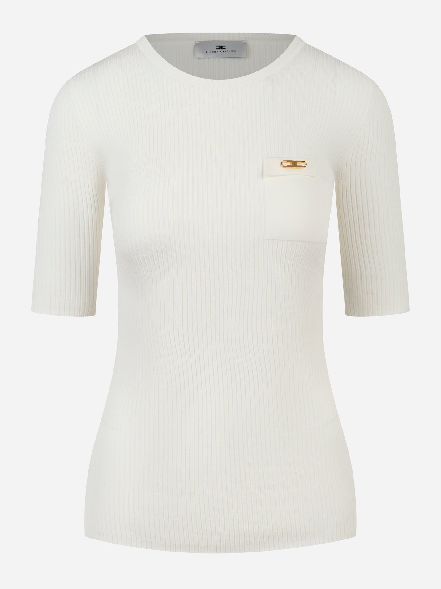 Maglia panna a costine Elisabetta Franchi con taschino e dettaglio oro - fronte