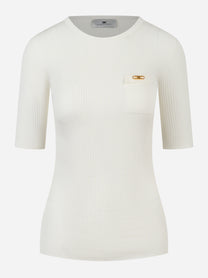 Maglia panna a costine Elisabetta Franchi con taschino e dettaglio oro - fronte