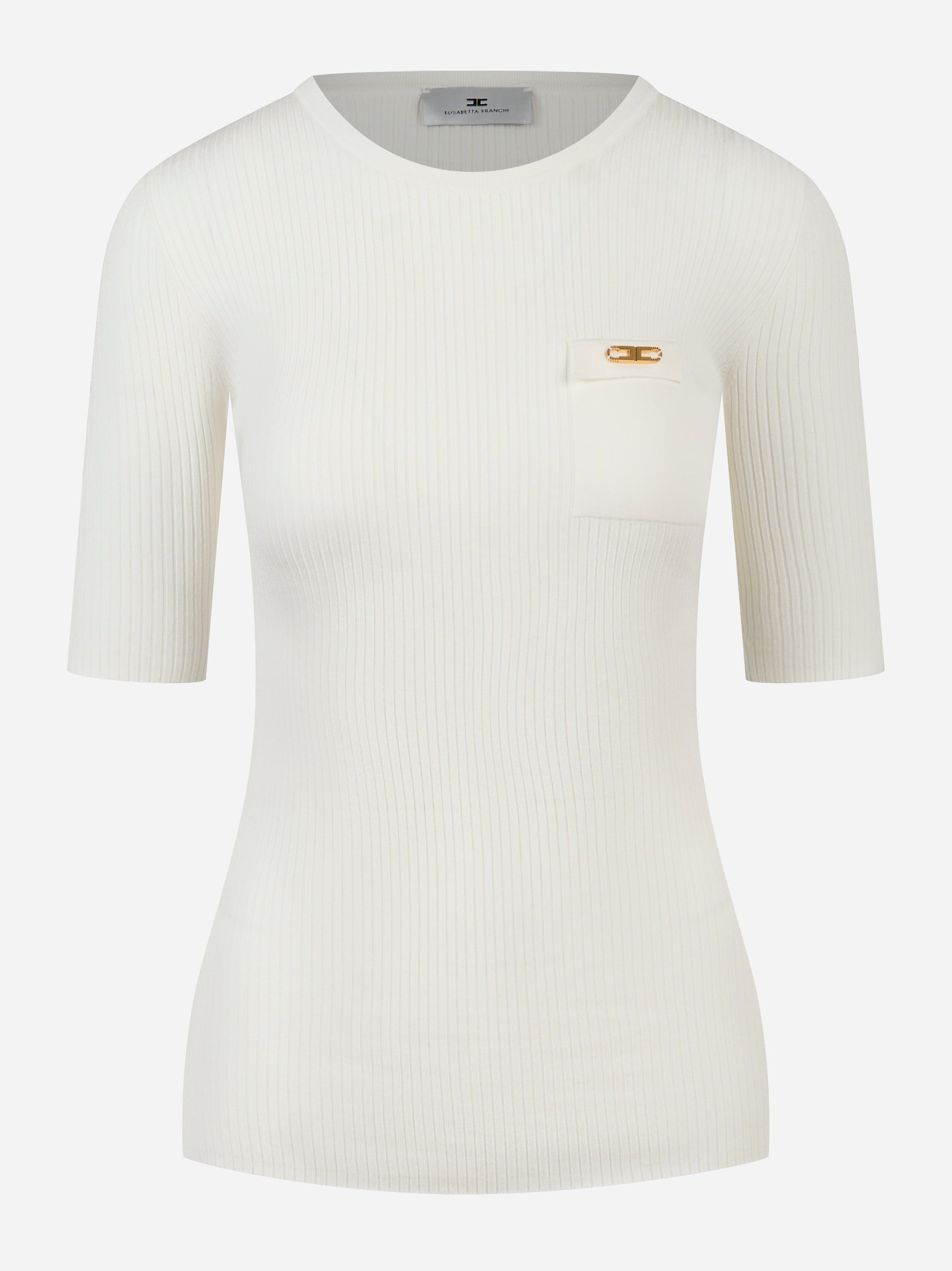 Maglia panna a costine Elisabetta Franchi con taschino e dettaglio oro - fronte