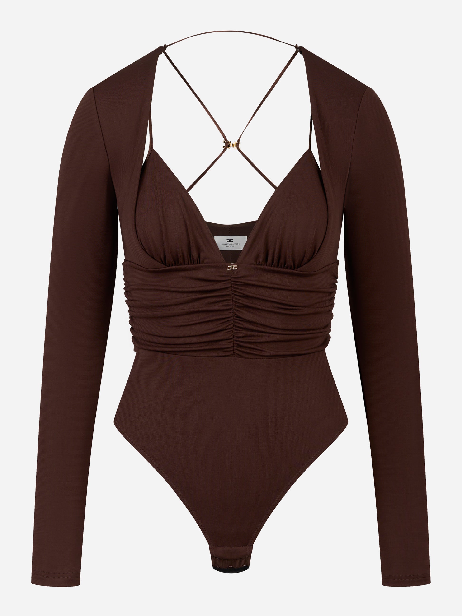 Maglia a costine marrone con collo alto e taschino logato Elisabetta Franchi
