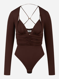 Maglia a costine marrone con collo alto e taschino logato Elisabetta Franchi