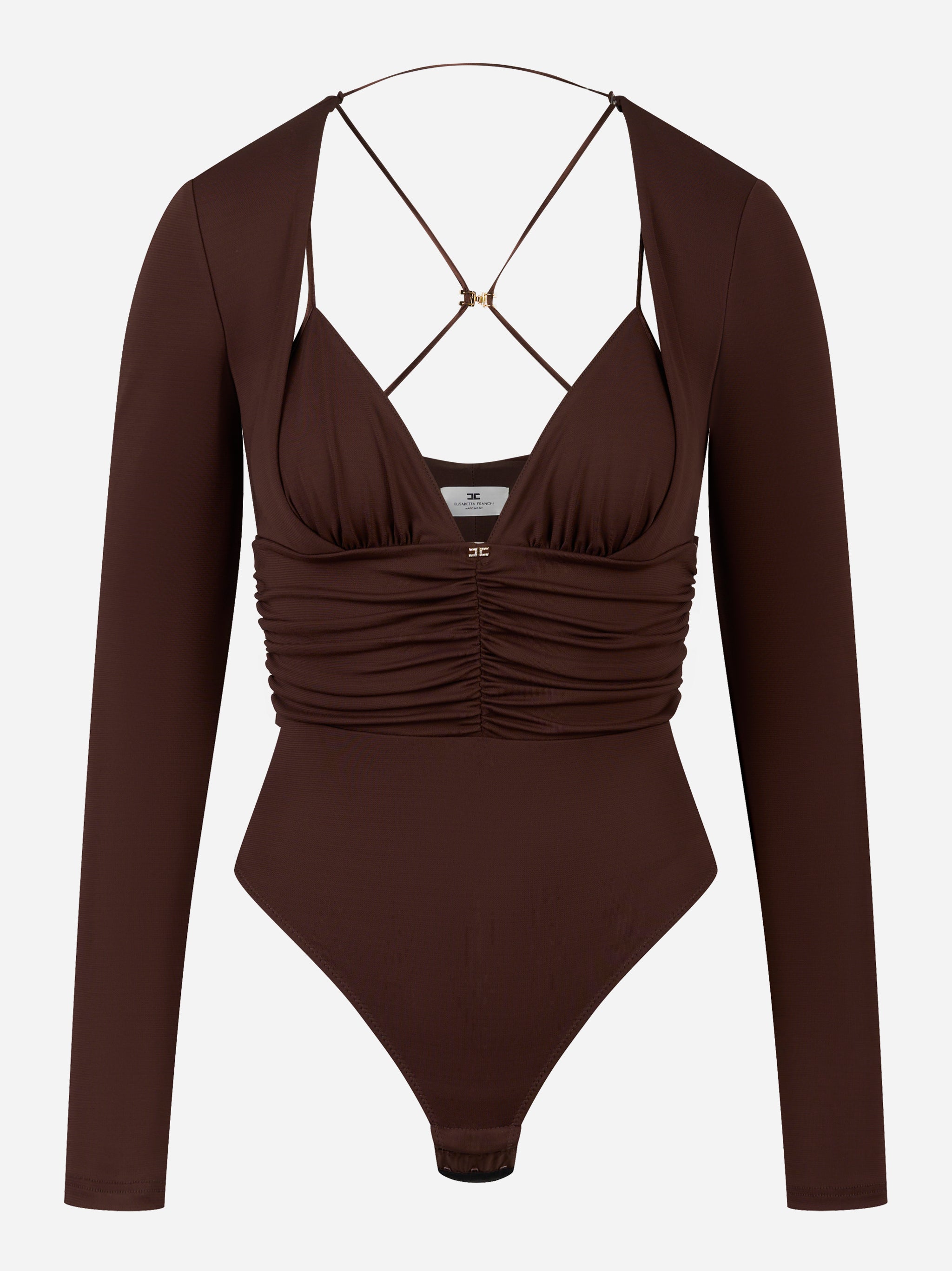 Maglia a costine marrone con collo alto e taschino logato Elisabetta Franchi