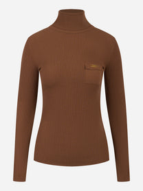 Maglia a costine marrone Elisabetta Franchi con collo alto e taschino con logo
