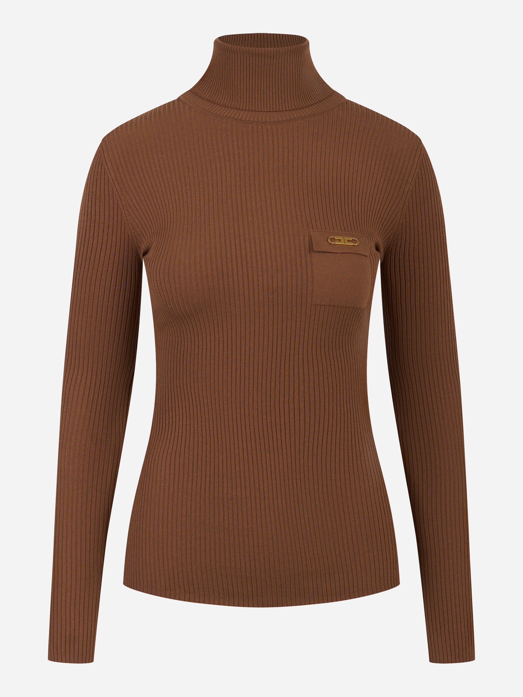 Maglia a costine marrone Elisabetta Franchi con collo alto e taschino con logo