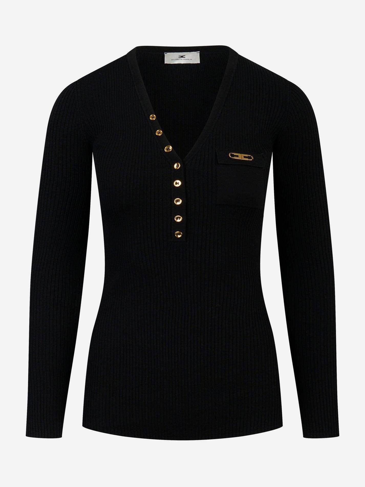 Maglia a costine nera Elisabetta Franchi con taschino e bottoni dorati vista frontale