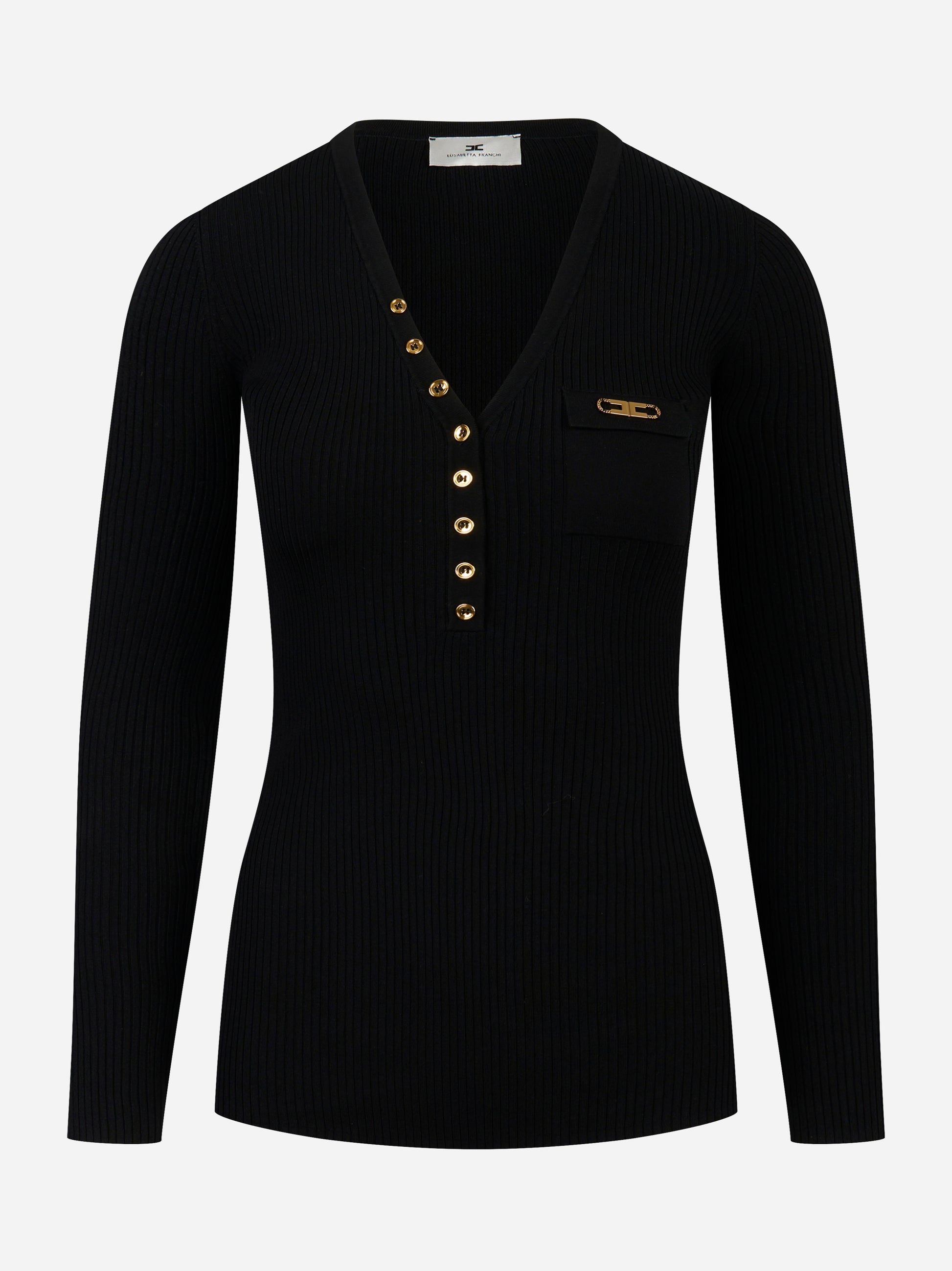 Maglia a costine nera Elisabetta Franchi con taschino e bottoni dorati vista frontale