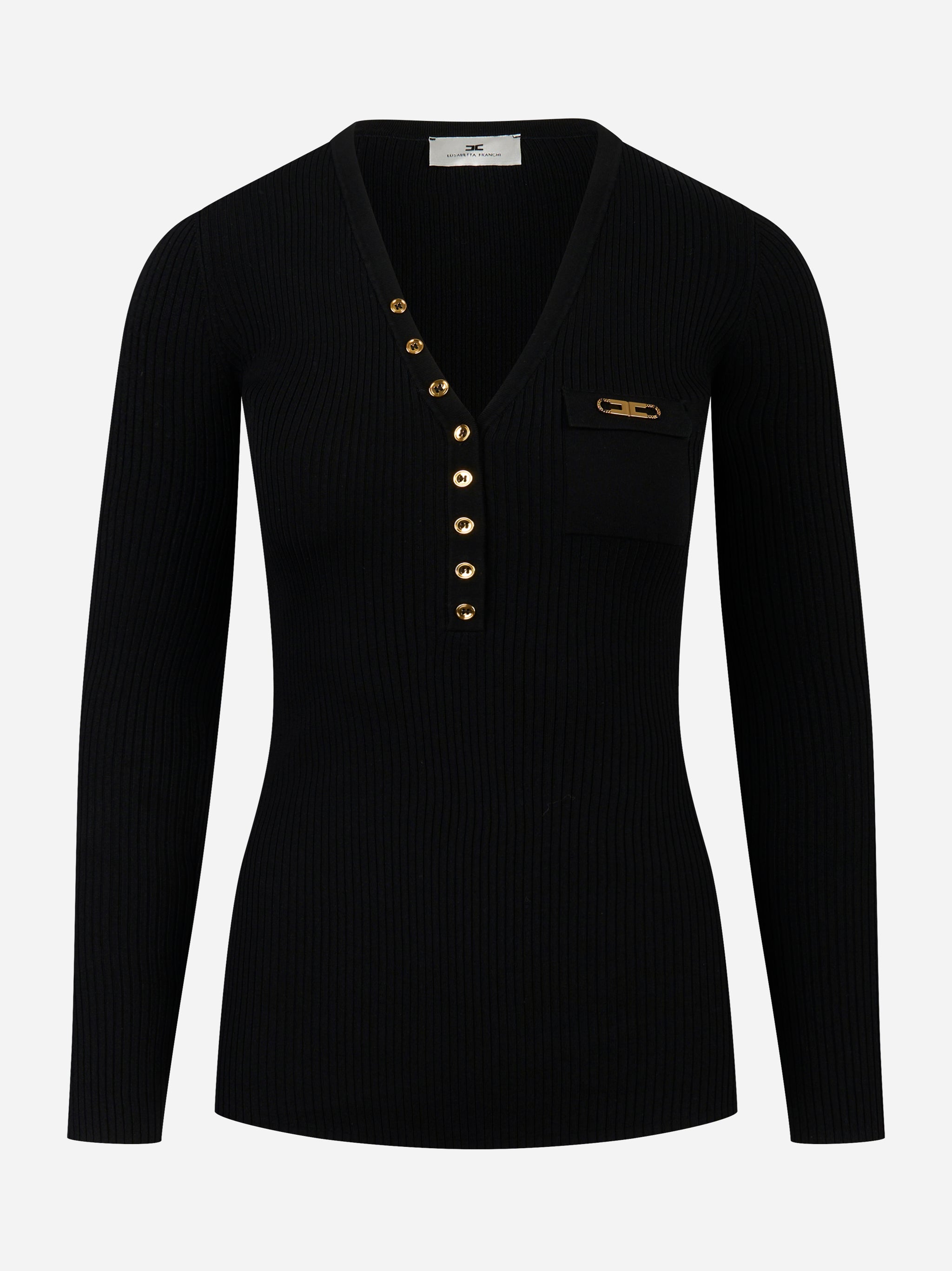Maglia a costine nera Elisabetta Franchi con taschino e bottoni dorati vista frontale