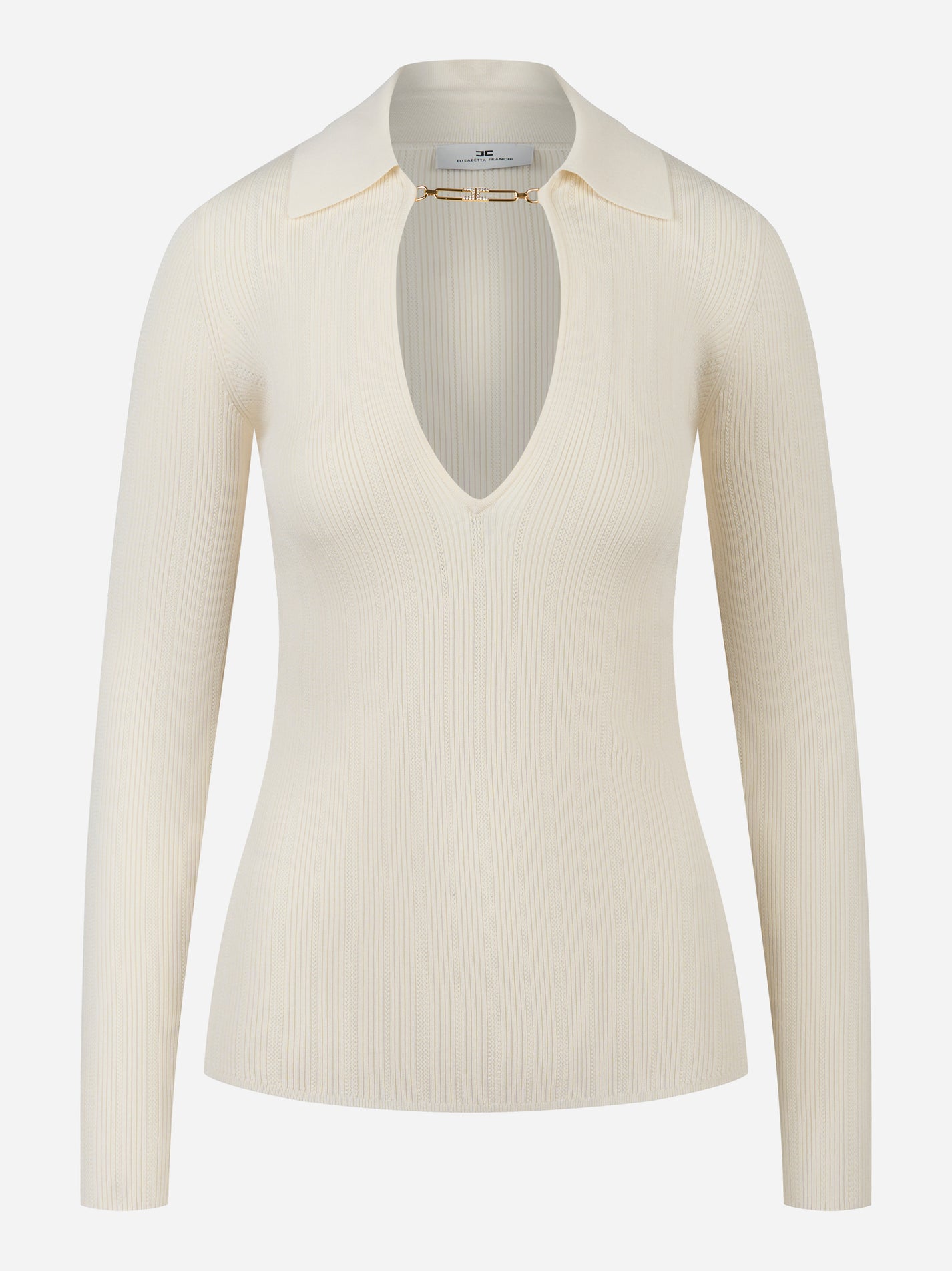 Maglia avorio a costine Elisabetta Franchi con colletto e dettaglio dorato frontale, vista frontale