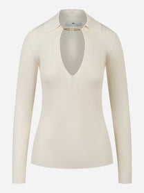 Maglia avorio a costine Elisabetta Franchi con colletto e dettaglio dorato frontale, vista frontale