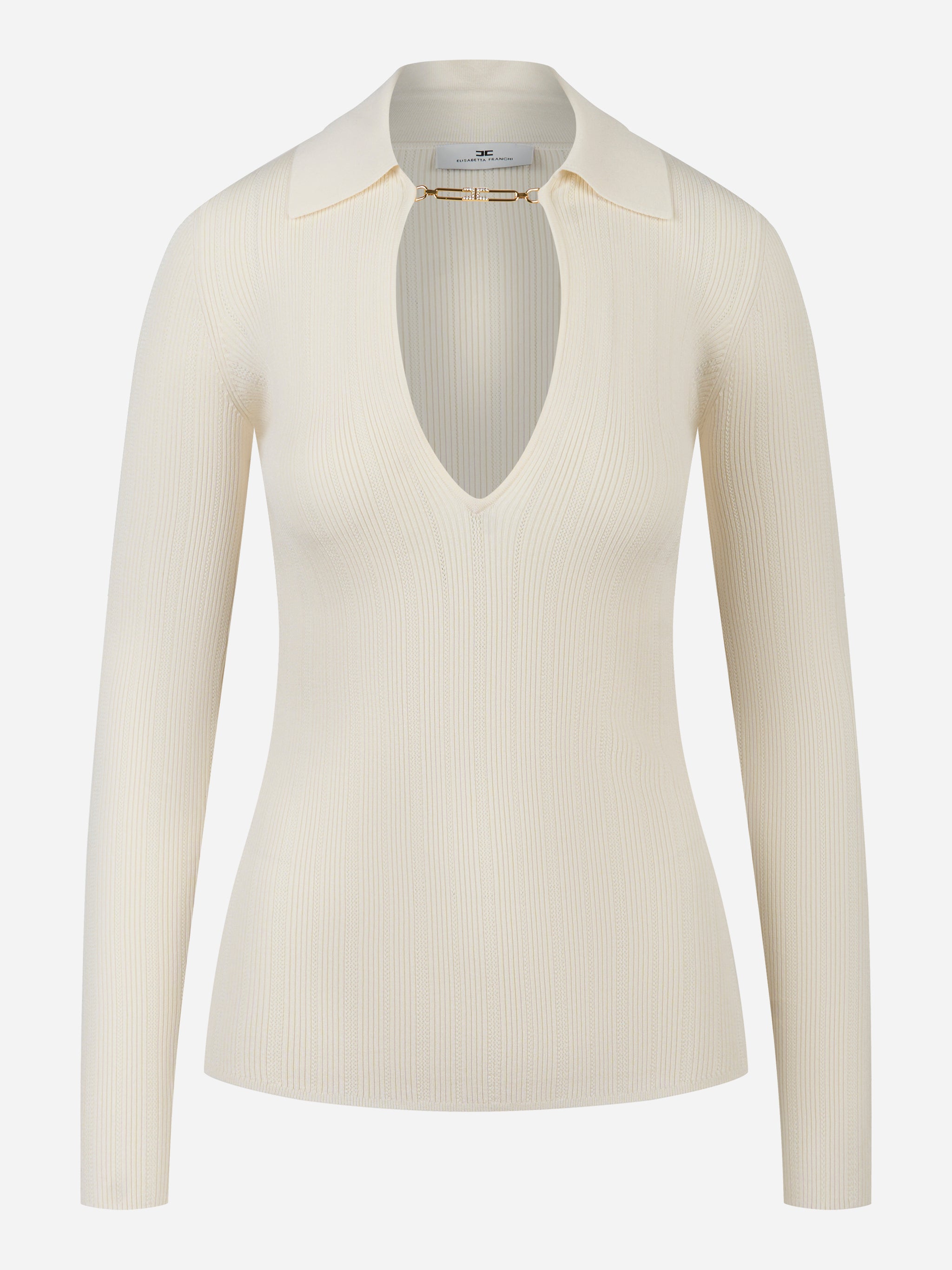 Maglia avorio a costine Elisabetta Franchi con colletto e dettaglio dorato frontale, vista frontale