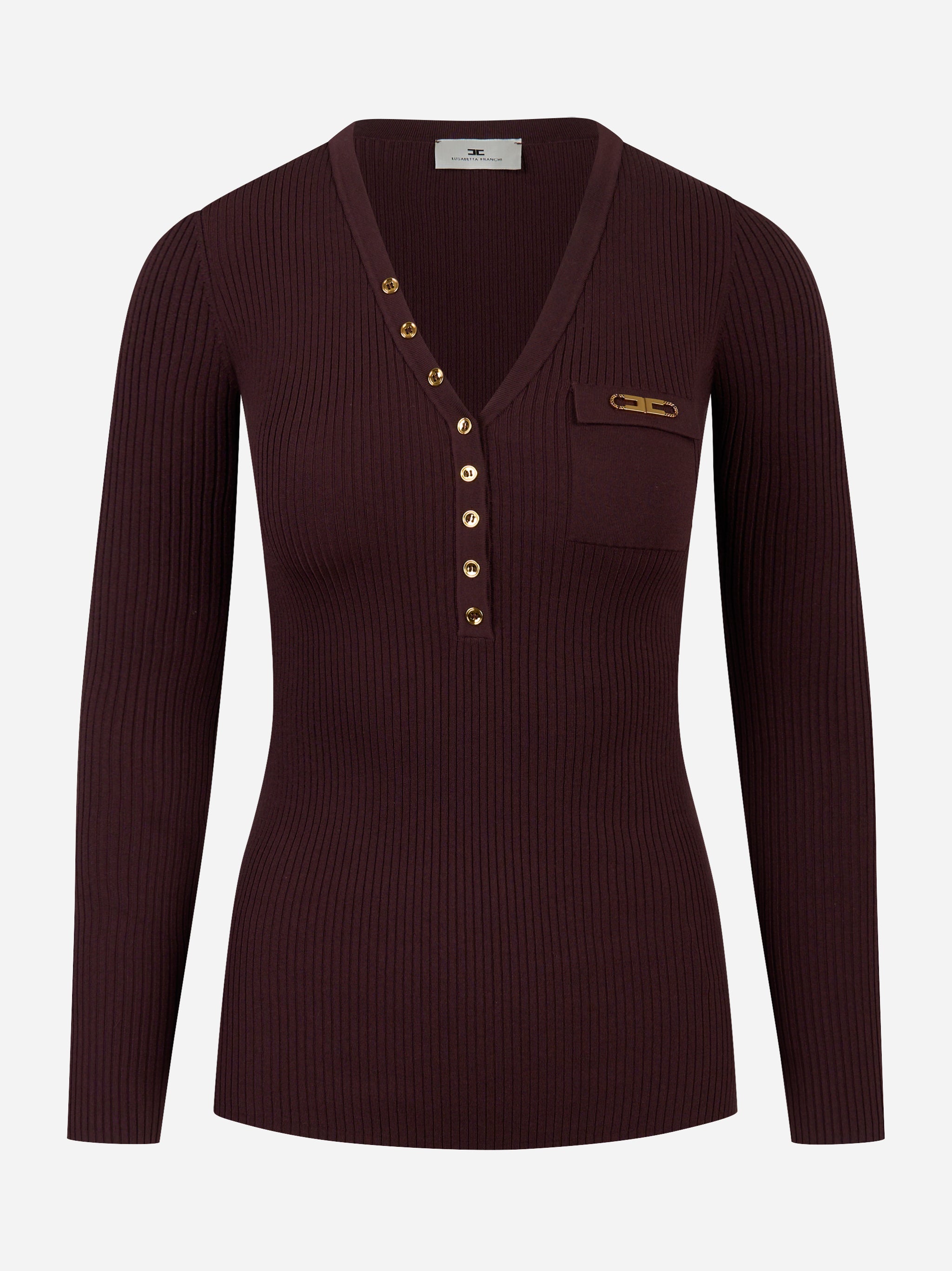 Maglia vinaccia a costine Elisabetta Franchi con scollo a V e bottoni dorati