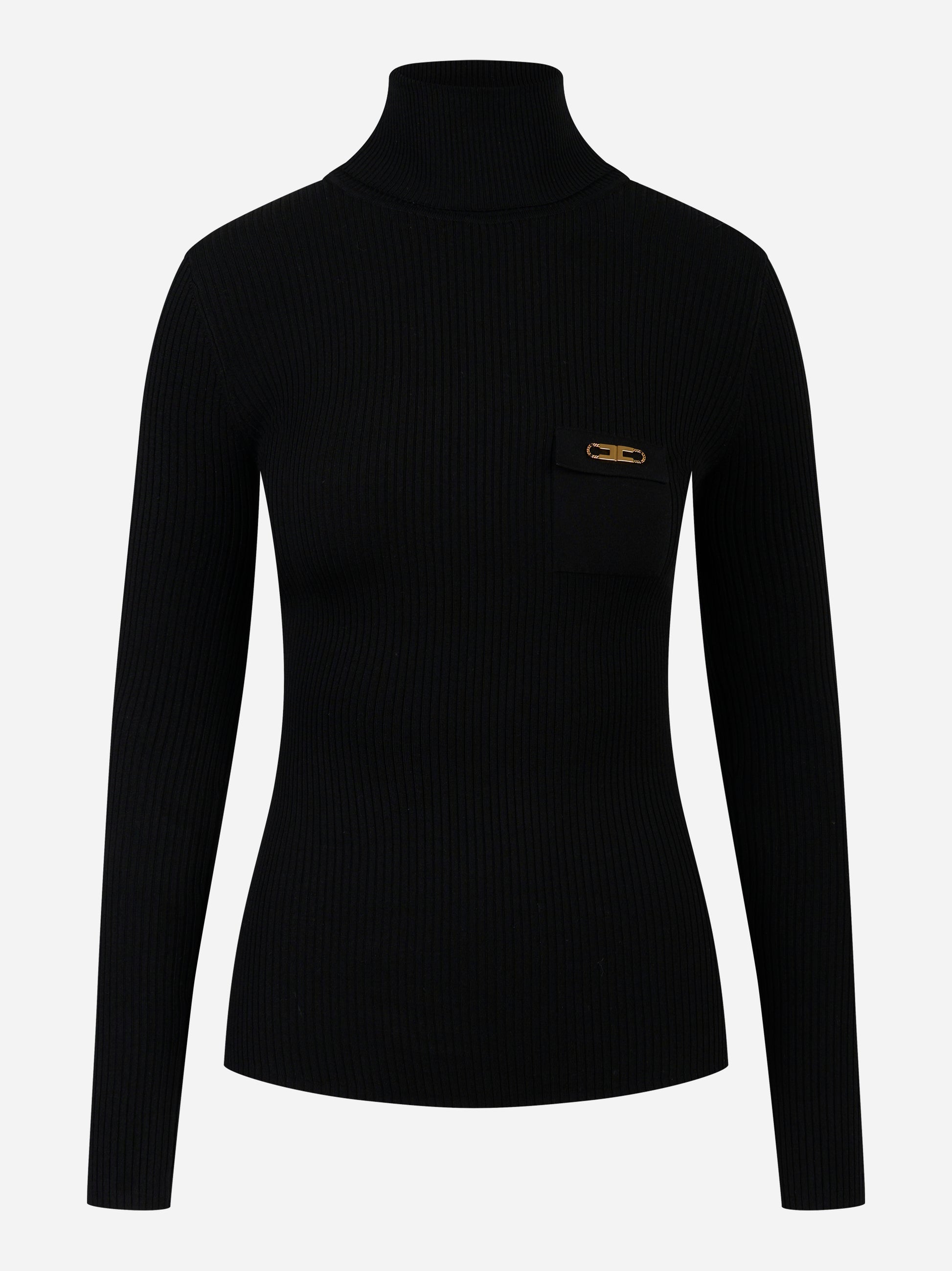 Maglia nera a costine Elisabetta Franchi con dolcevita e taschino logato – vista frontale