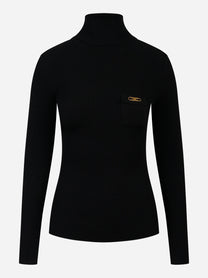 Maglia nera a costine Elisabetta Franchi con dolcevita e taschino logato – vista frontale