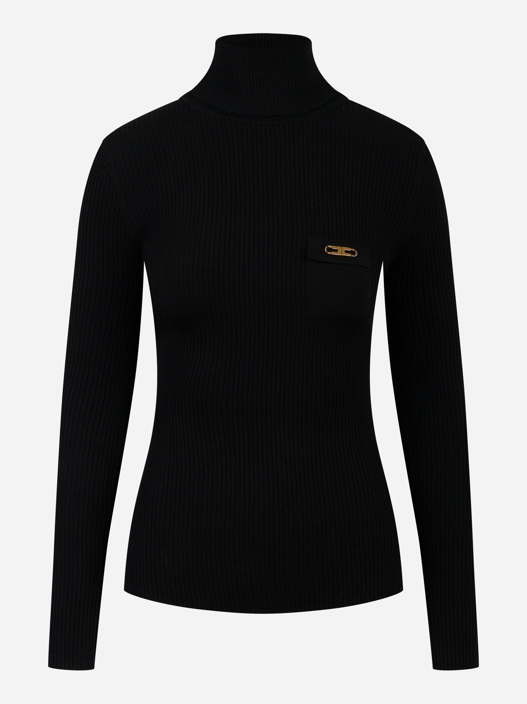 Maglia nera a costine Elisabetta Franchi con dolcevita e taschino logato – vista frontale
