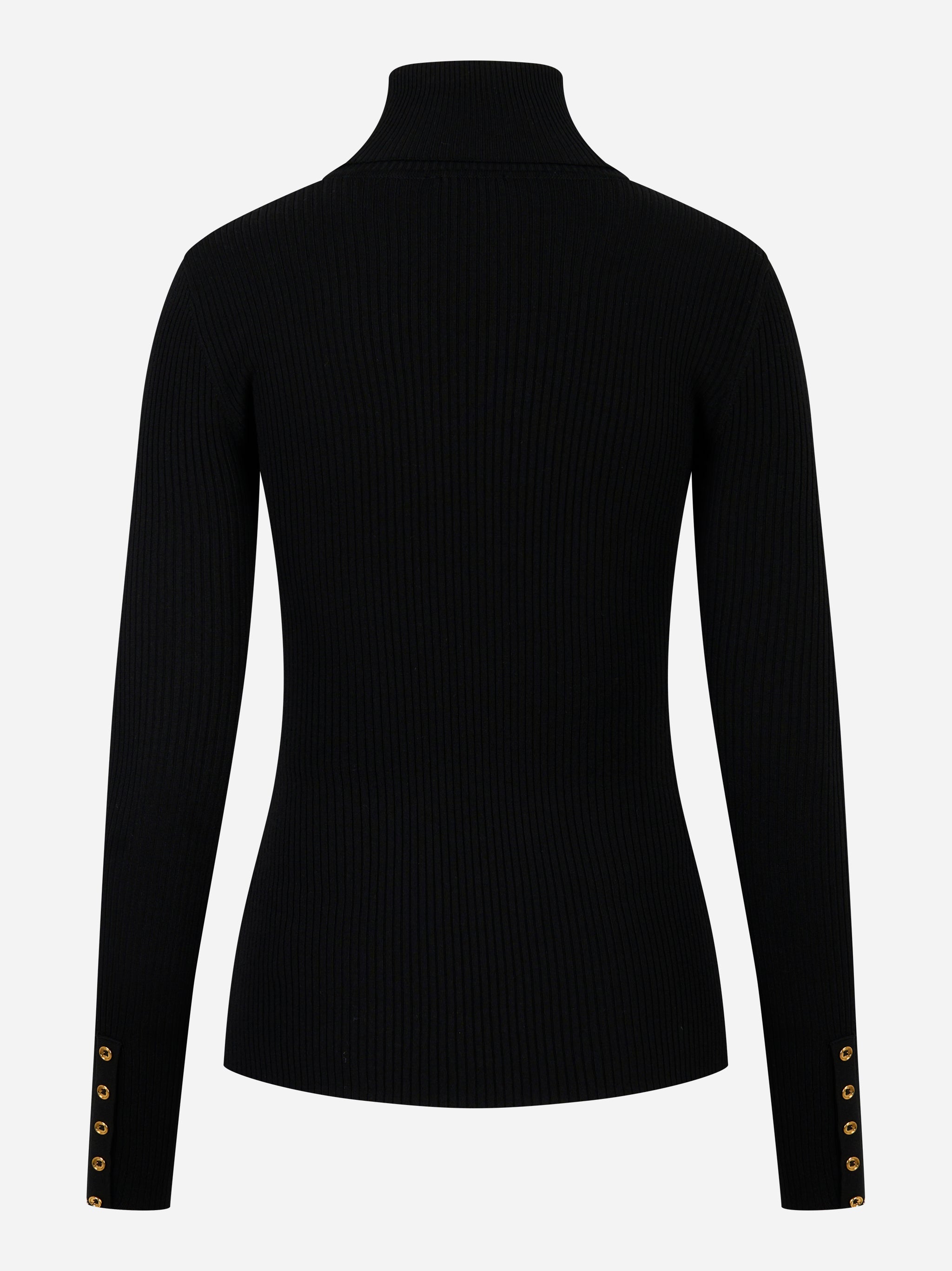 Maglia nera a costine Elisabetta Franchi con dolcevita e bottoni dorati ai polsi – vista posteriore