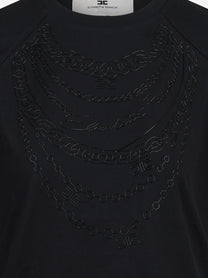T-shirt in cotone con stampa catene nera - vista laterale e dettagli
