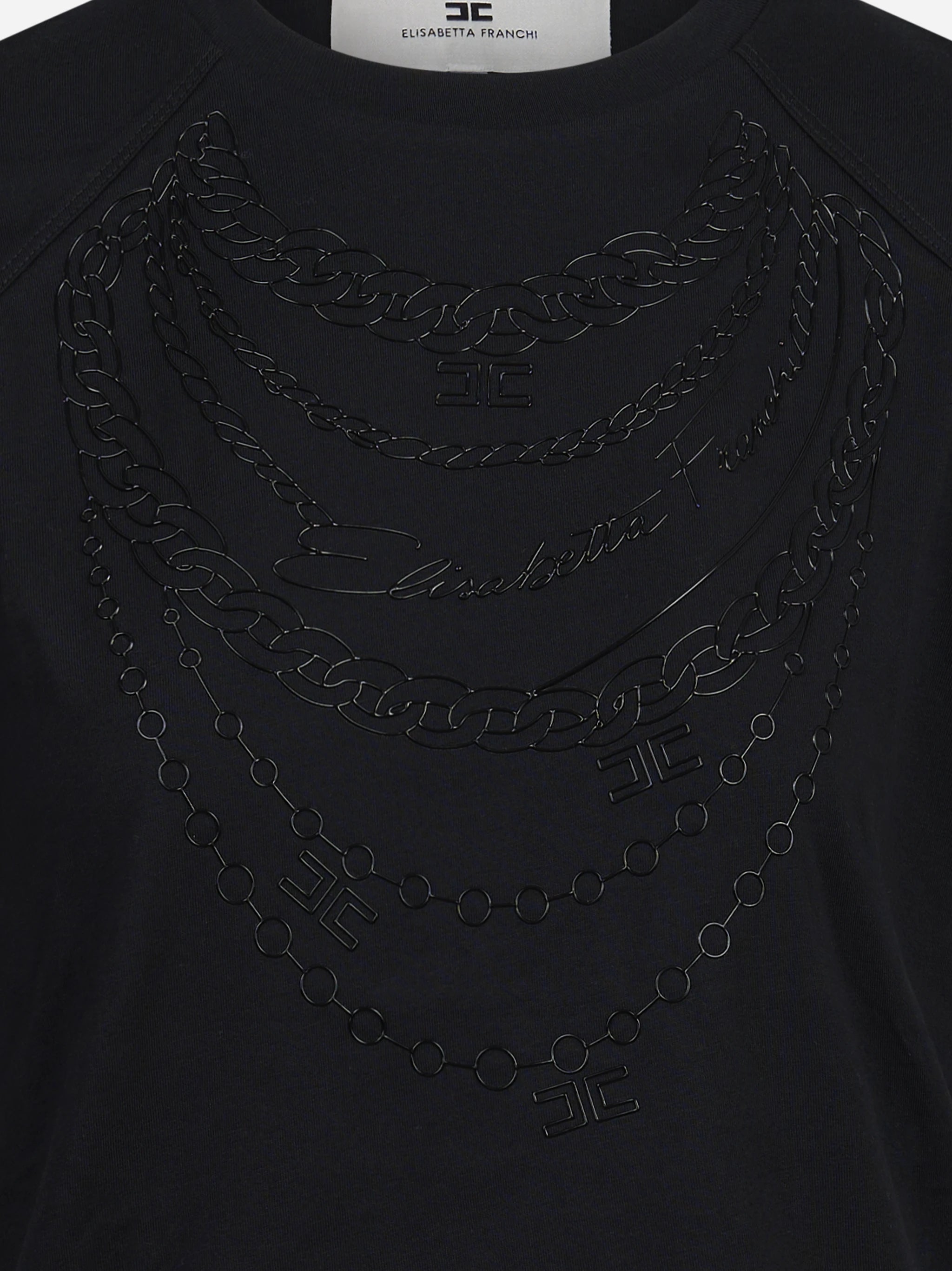T-shirt in cotone con stampa catene nera - vista laterale e dettagli