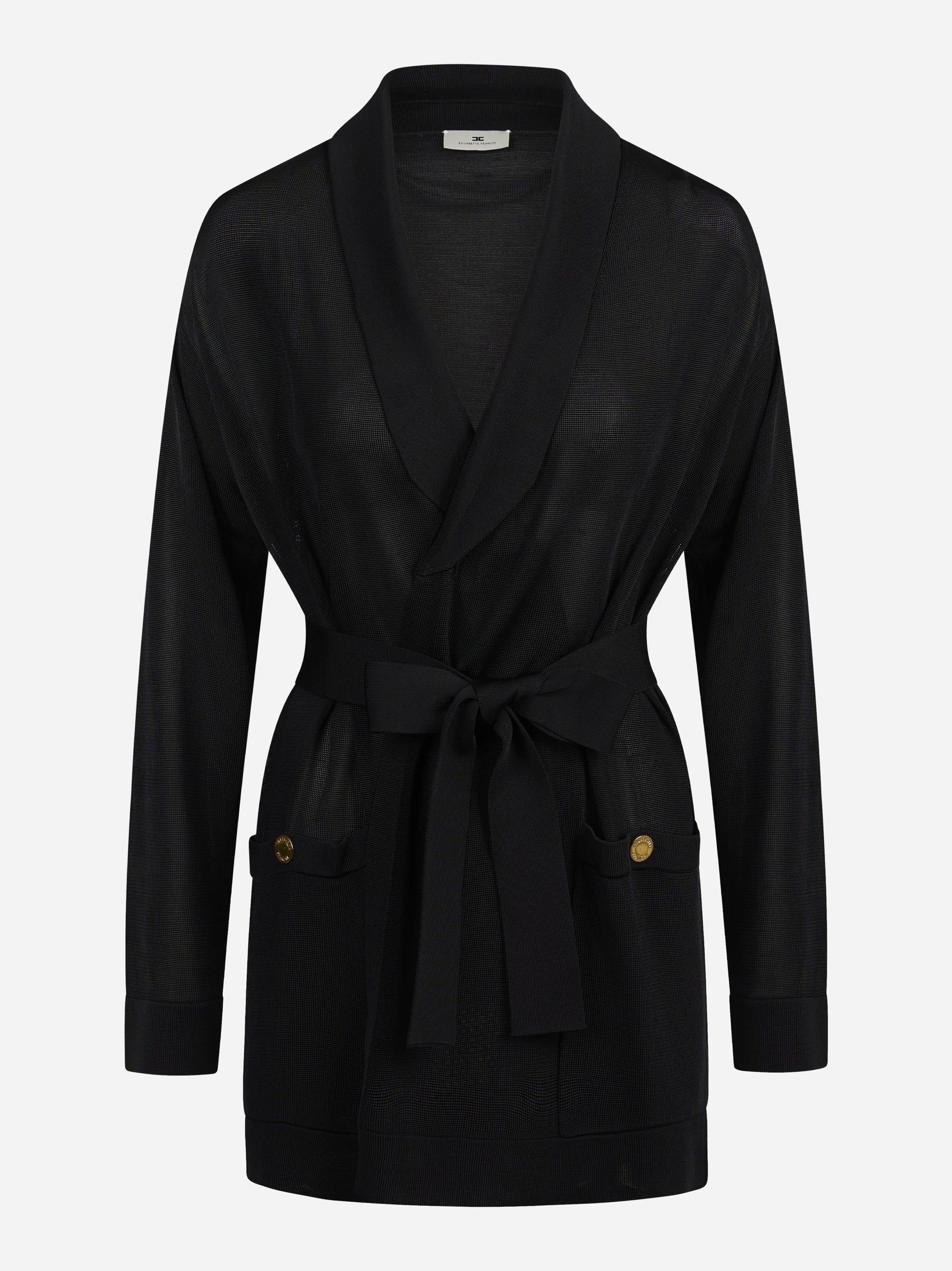 Cardigan lungo in viscosa con cintura nero - vista frontale